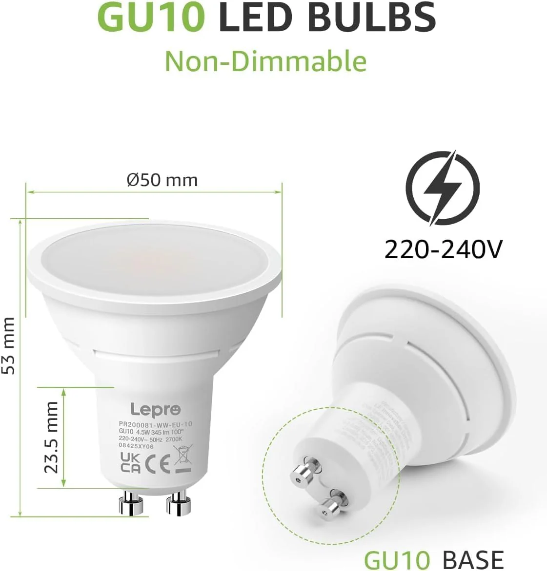 Lepro GU10 LED Bulbs, Warm White 2700K, 4W 345lm, 50W Halogen Spotlight Bulb Equivalent, Energy Saving GU10 LED Light Bulbs, 100° Wide Beam, Non-dimmable, Pack of 10 - Image 4