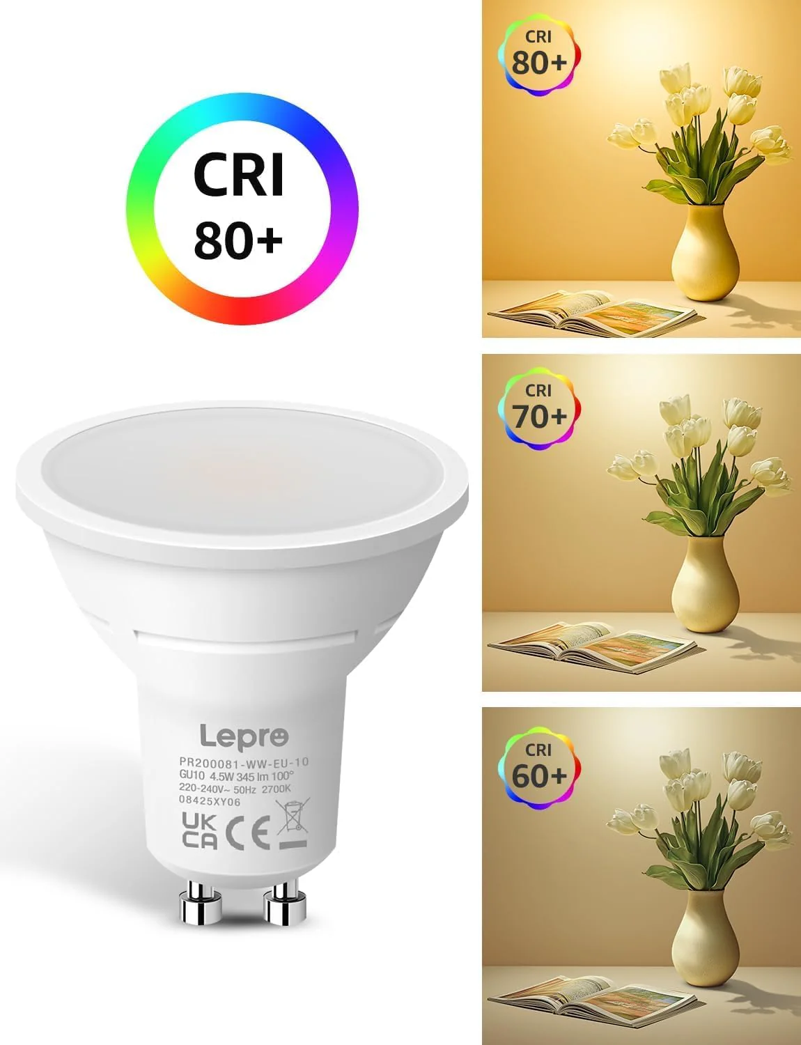 Lepro GU10 LED Bulbs, Warm White 2700K, 4W 345lm, 50W Halogen Spotlight Bulb Equivalent, Energy Saving GU10 LED Light Bulbs, 100° Wide Beam, Non-dimmable, Pack of 10 - Image 5