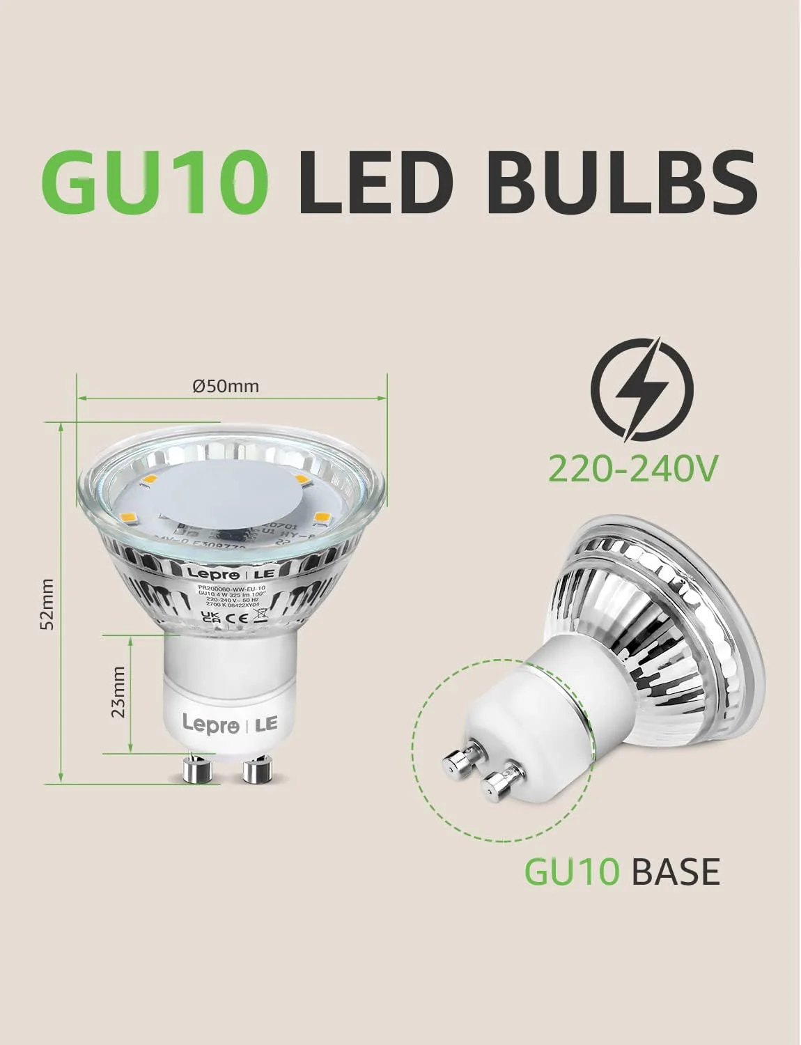 Lepro GU10 LED Bulbs, Warm White 2700K, 4W 325lm, 50W Halogen Spotlight Equivalent, Energy Saving GU10 LED Light Bulbs, 100° Wide Beam, Non-dimmable, Pack of 10 - Image 3