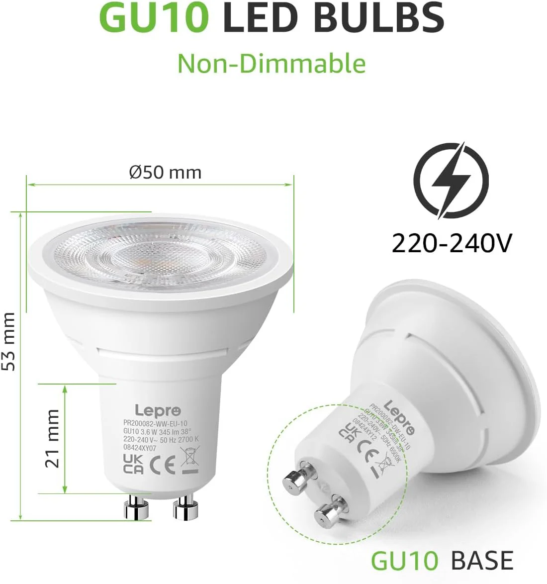 Lepro GU10 LED Bulbs, Warm White 2700K, 4W 345lm Energy Saving Light Bulbs, 50W GU10 Halogen Spotlight Bulbs Equivalent, 38° Narrow Beam, No Flickering, Non-dimmable, Pack of 10 - Image 6