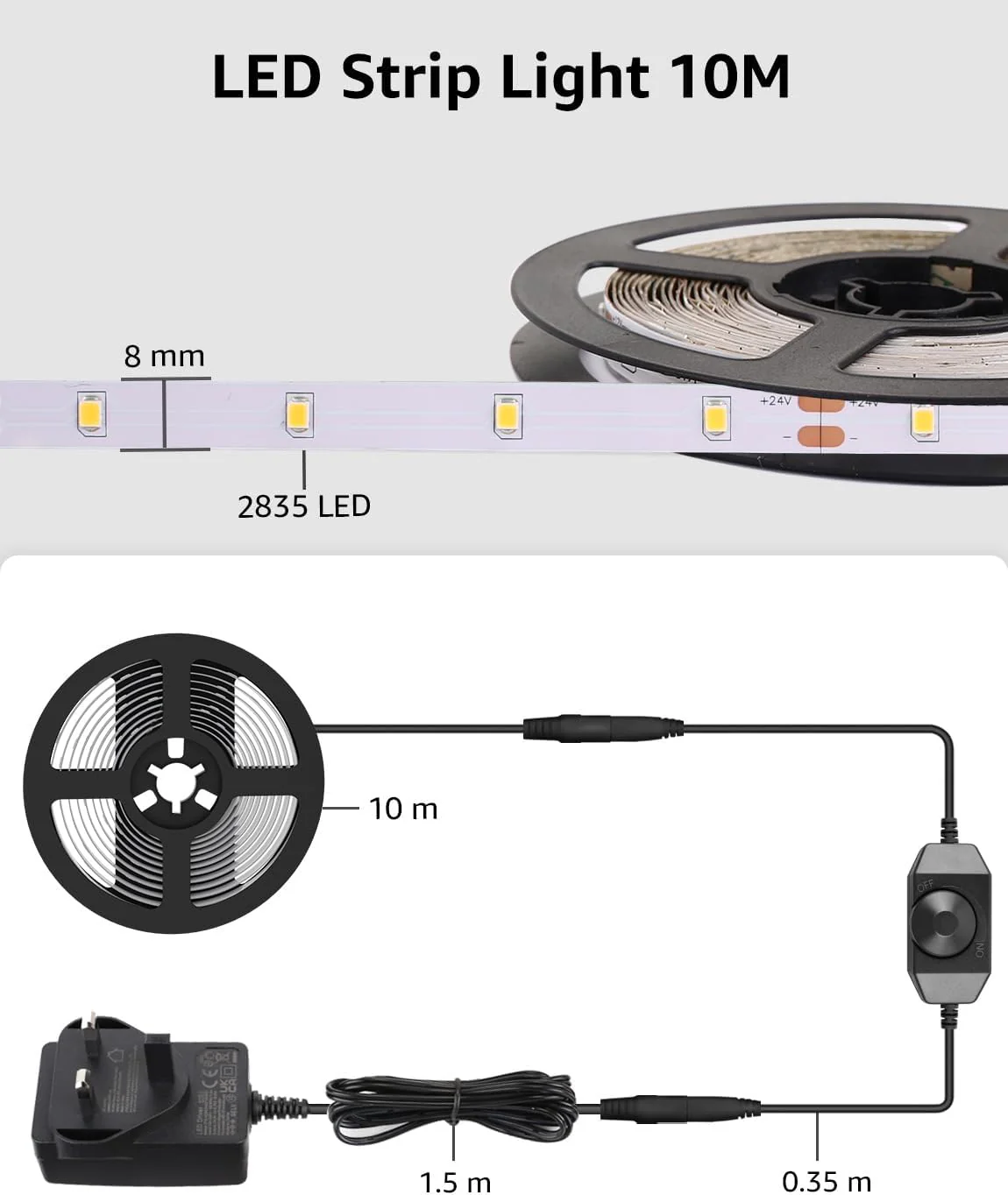 Lepro White LED Strip Light 10M, 2000lm Dimmable LED Lights, 24V UK Plug LED Strip with Dimmer Switch, 6000K Cool White Strip Lights for Kitchen, Cabinet, Wardrobe, Conservatory, Garage (1 Roll) - Image 5