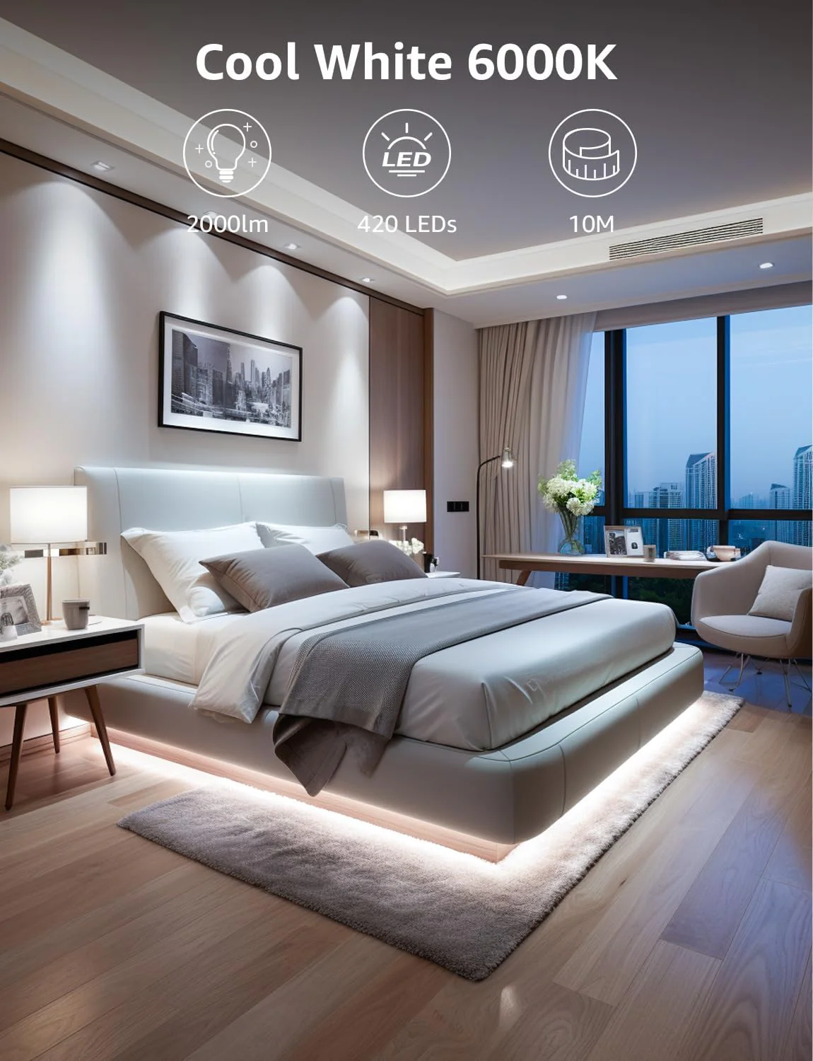 Lepro White LED Strip Light 10M, 2000lm Dimmable LED Lights, 24V UK Plug LED Strip with Dimmer Switch, 6000K Cool White Strip Lights for Kitchen, Cabinet, Wardrobe, Conservatory, Garage (1 Roll) - Image 6