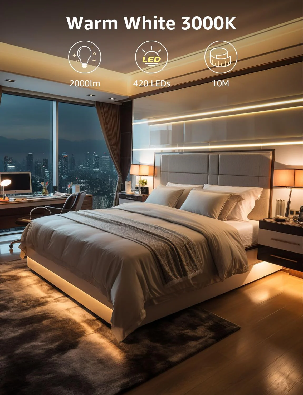 Lepro LED Strip Light Warm White 10M, 2000lm Dimmable LED Taple, 24V UK Plug in LED Strip with Dimmer Switch, 3000K Flexible Stick-on LED Lights for Bedroom, Kitchen, Cupboard, Shelf (1 Roll) - Image 7