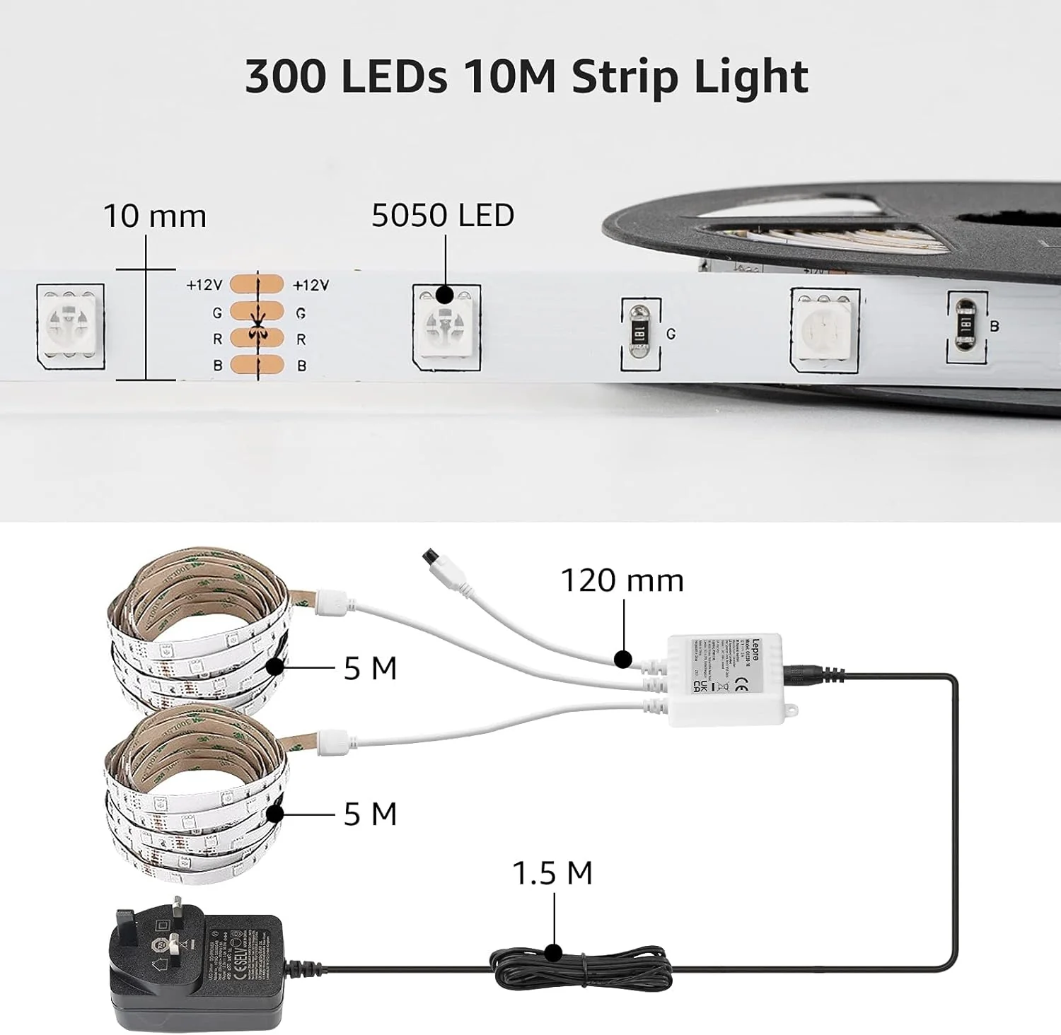 Lepro 10M LED Strip Lights with Remote, Dimmable, RGB Colour Changing, Stick-on LED Lights for Bedroom, Kitchen, Room Decoration (2 x 5M, 300 Bright 5050 LEDs) - Image 6