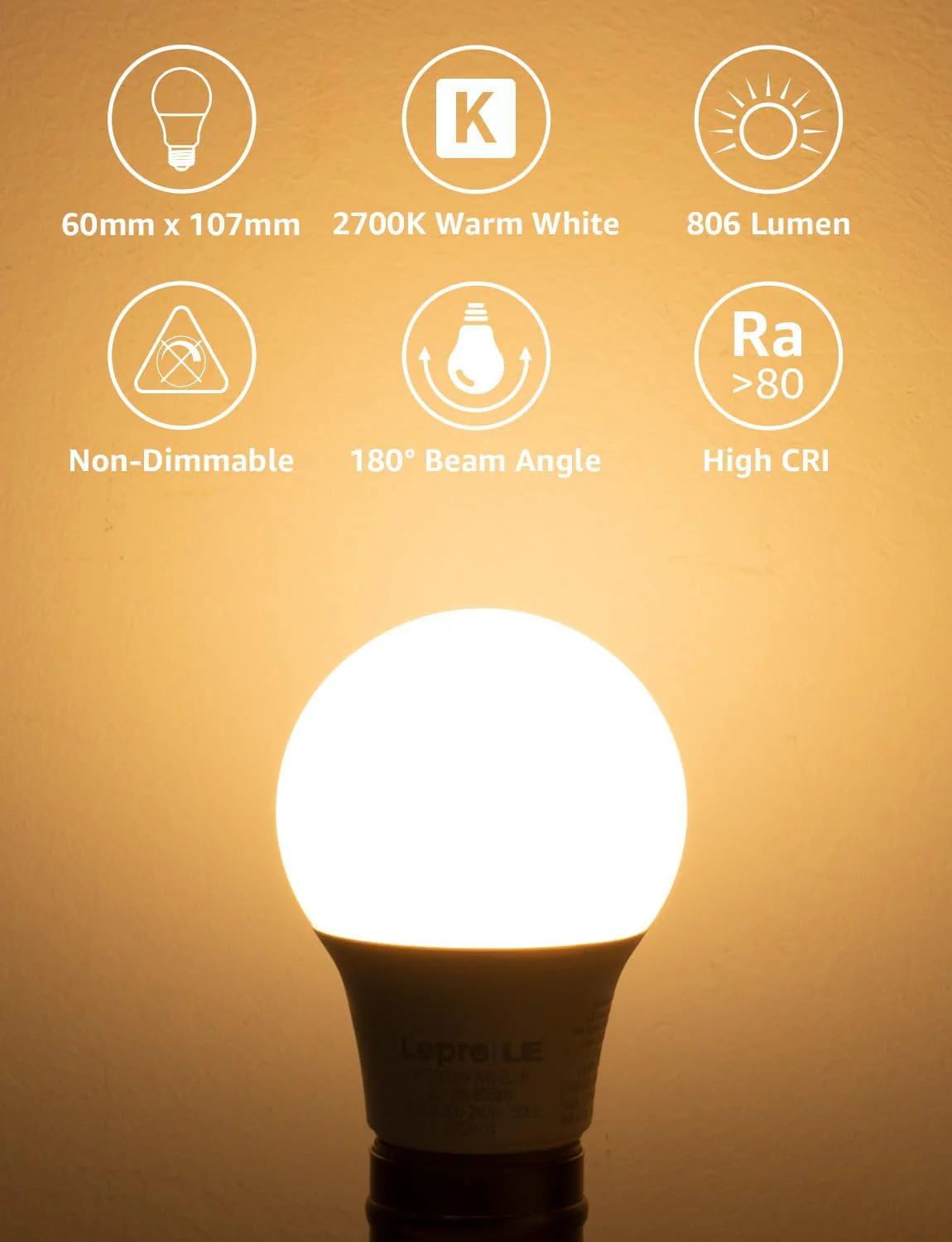 Lepro E27 Screw Bulbs 60W Equivalent, Warm White 2700K E27 LED Bulbs, 8.5W 806lm Edison Screw ES LED Light Bulb, Energy Saving E27 Bulbs for Lamp, Non-dimmable, Pack of 12 - Image 2