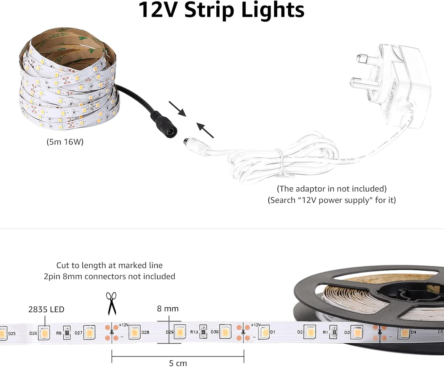 Lepro 5M LED Strip Lights, Cool White 6000K, 300 LEDs, 2300lm Bright Daylight LED Tape for Kitchen Cabinet Bar Van TV Mirror and More (12V Power Supply Not Included) - Image 5