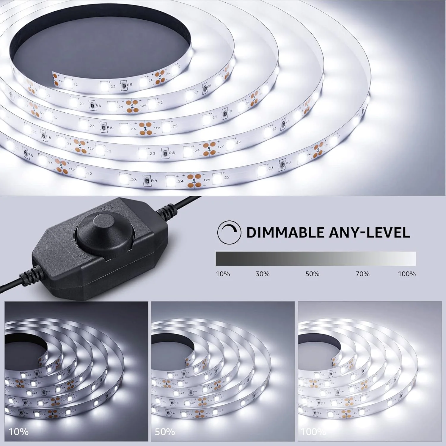 Lepro LED Strip Light White 5M 300 LEDs, 1650lm Dimmable Strip Lights for Kitchen, Cool White 6000K Daylight LED Strip for Under Units Cabinet Cupboards (12V Power Plug and Dimmer Switch Included) - Image 2
