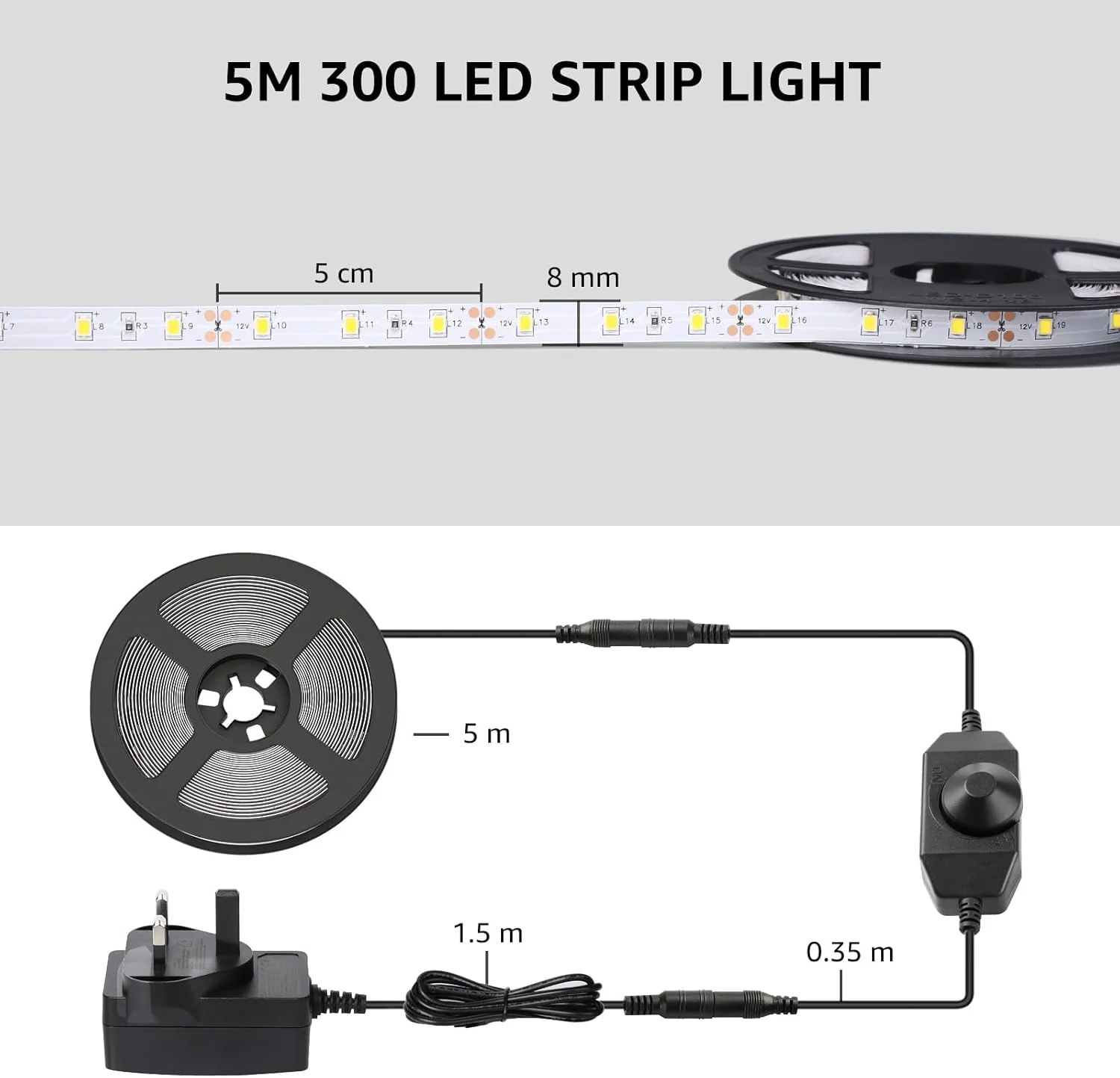 Lepro LED Strip Light White 5M 300 LEDs, 1650lm Dimmable Strip Lights for Kitchen, Cool White 6000K Daylight LED Strip for Under Units Cabinet Cupboards (12V Power Plug and Dimmer Switch Included) - Image 4