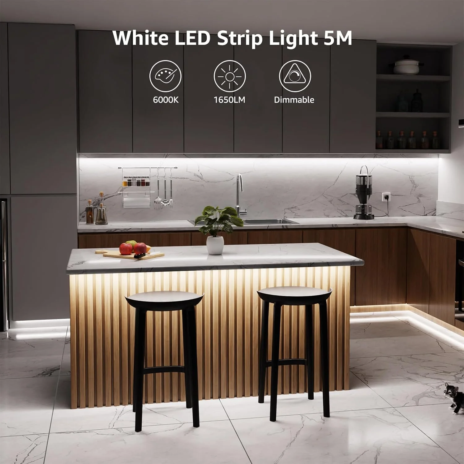 Lepro LED Strip Light White 5M 300 LEDs, 1650lm Dimmable Strip Lights for Kitchen, Cool White 6000K Daylight LED Strip for Under Units Cabinet Cupboards (12V Power Plug and Dimmer Switch Included) - Image 6