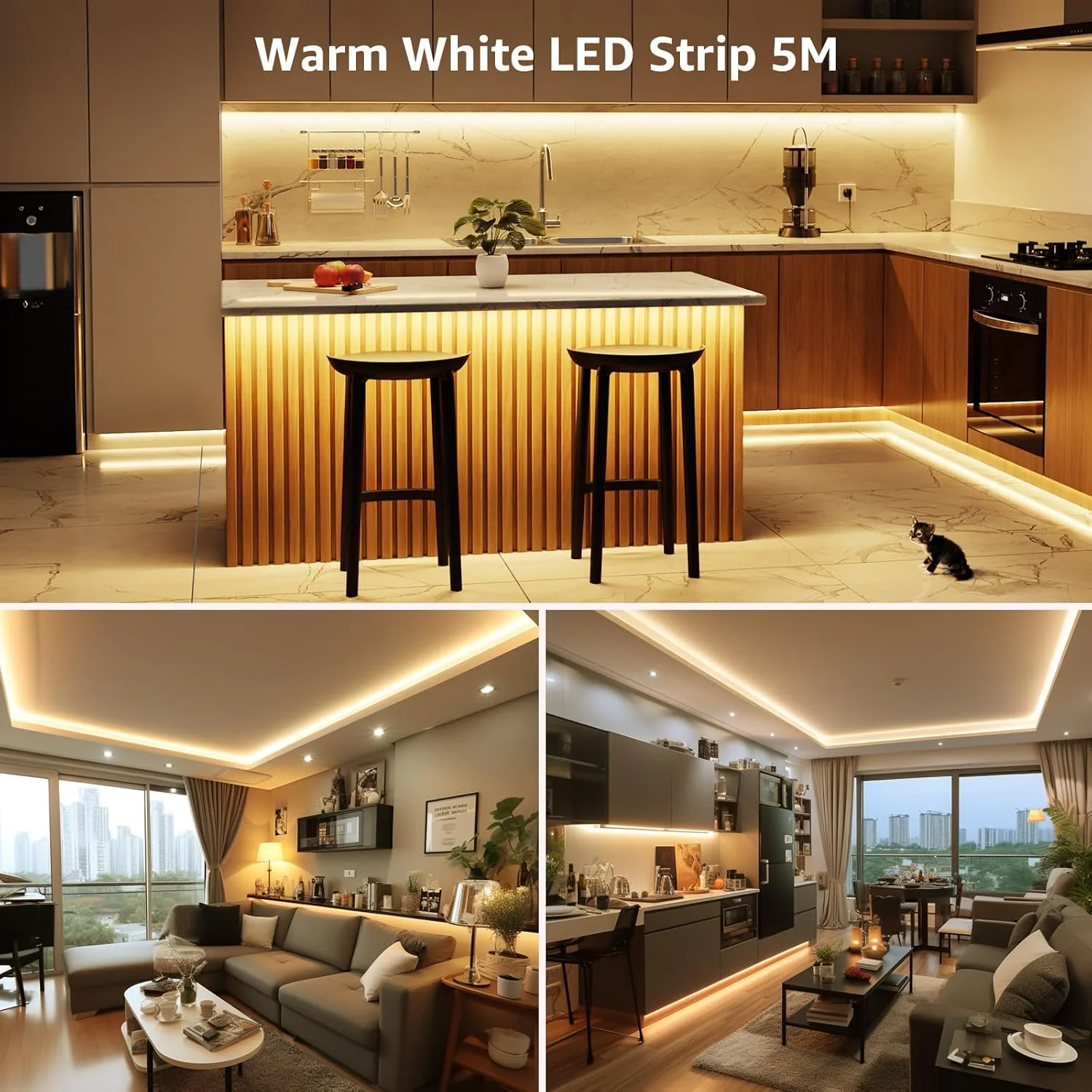 Lepro Warm White LED Strip Light 5M 300 LEDs, 1650lm Dimmable LED Tape Lights, 3000K Flexible LED Lights for Bedroom Kitchen Under Cabinet Wardrobe Stair (12V Power Plug and Dimmer Switch Included) - Image 6