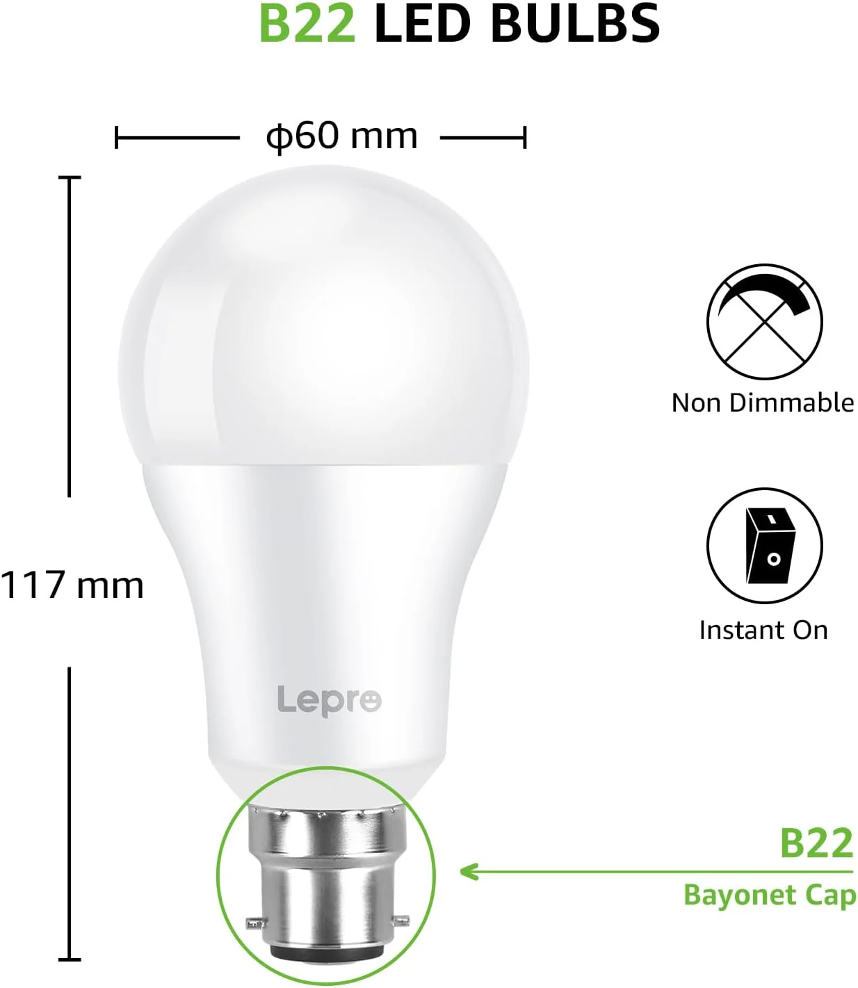 Lepro Bayonet Light Bulbs 100W Equivalent, Cool White 6500K, 13W 1520lm Super Bright Daylight B22 LED Bulbs, BC GLS Energy Saving, Non-dimmable, Pack of 6 - Image 6