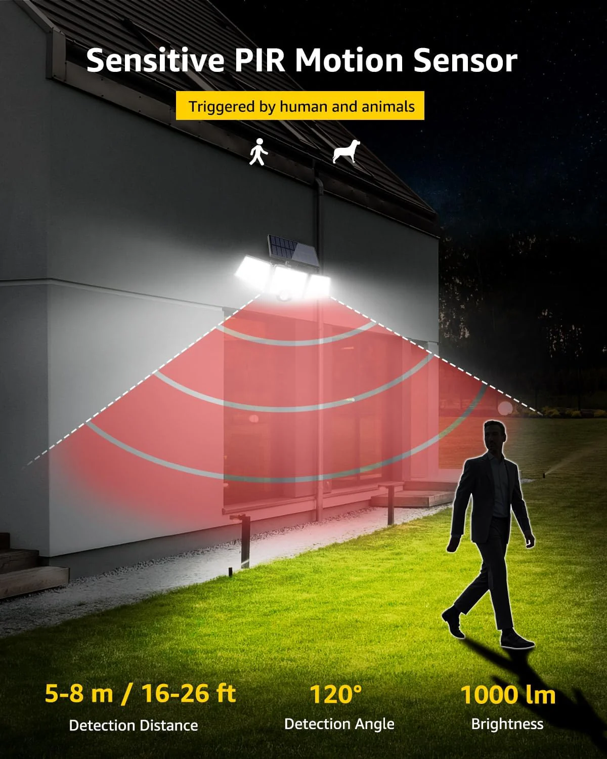 Lepro Solar Security Lights, 1200LM Solar Floodlights Motion Sensor with 360 Degree 3 Adjustable Heads, IP65 Waterproof, Wide Lighting Angle Solar Lights Outdoor for Yard Garage Pathway - Image 3