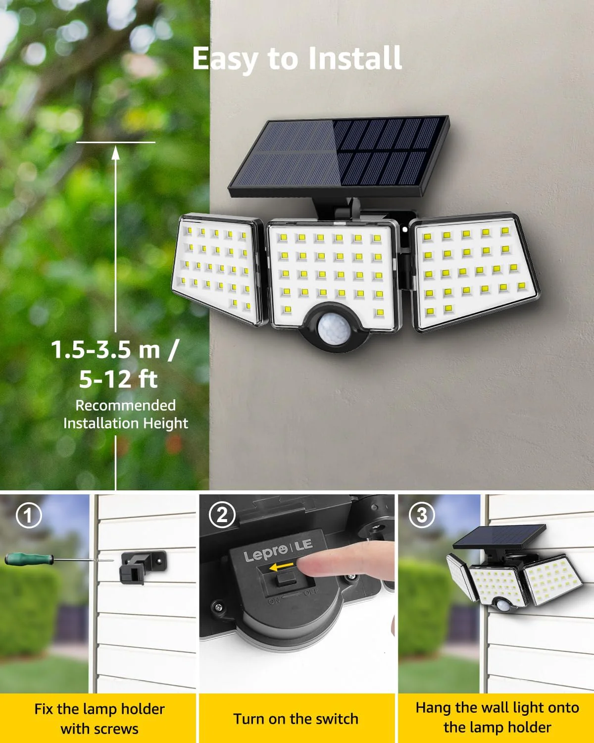 Lepro Solar Security Lights, 1200LM Solar Floodlights Motion Sensor with 360 Degree 3 Adjustable Heads, IP65 Waterproof, Wide Lighting Angle Solar Lights Outdoor for Yard Garage Pathway - Image 6