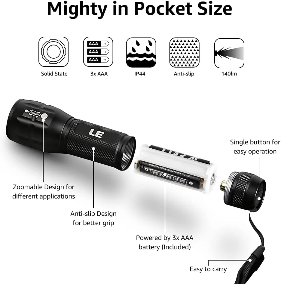 LE LED Torch, LE1000 Powerful Handheld Flashlight, Super Bright, Pocket Size, Lightweight, Suit for Camping, Cycling, Running, Dog Walking and More Outdoor Use, 6 AAA Batteries Included, Pack of 2 - Image 5