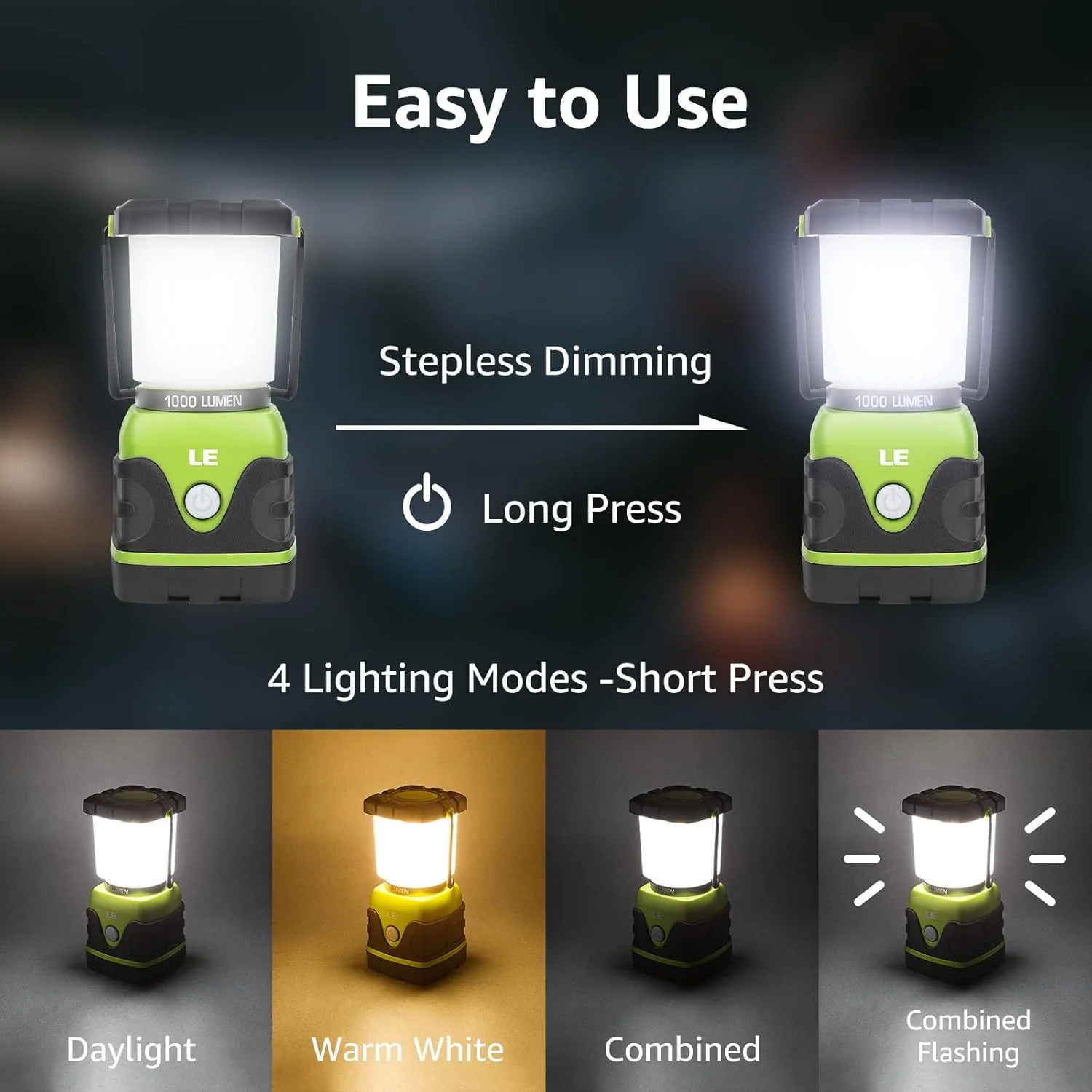 LE Camping Lantern, 1000 Lumen Camping Lights Battery Powered, Dimmable Warm to Cool White Modes, Tent Lights with Long Battery Life, Camping Accessories for Outdoors and Emergency, Pack of 2 - Image 4