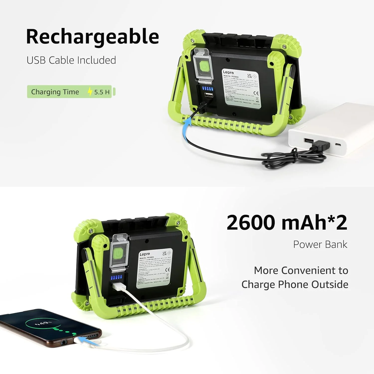 Lepro Work Lights Portable Rechargeable, 2000lm Camping Light Rechargeable, 5 Modes Emergency Lights for Power Cuts, 5200mAh Power Bank, Rechargeable Work Light, Suit as Fathers Day Gifts - Image 6