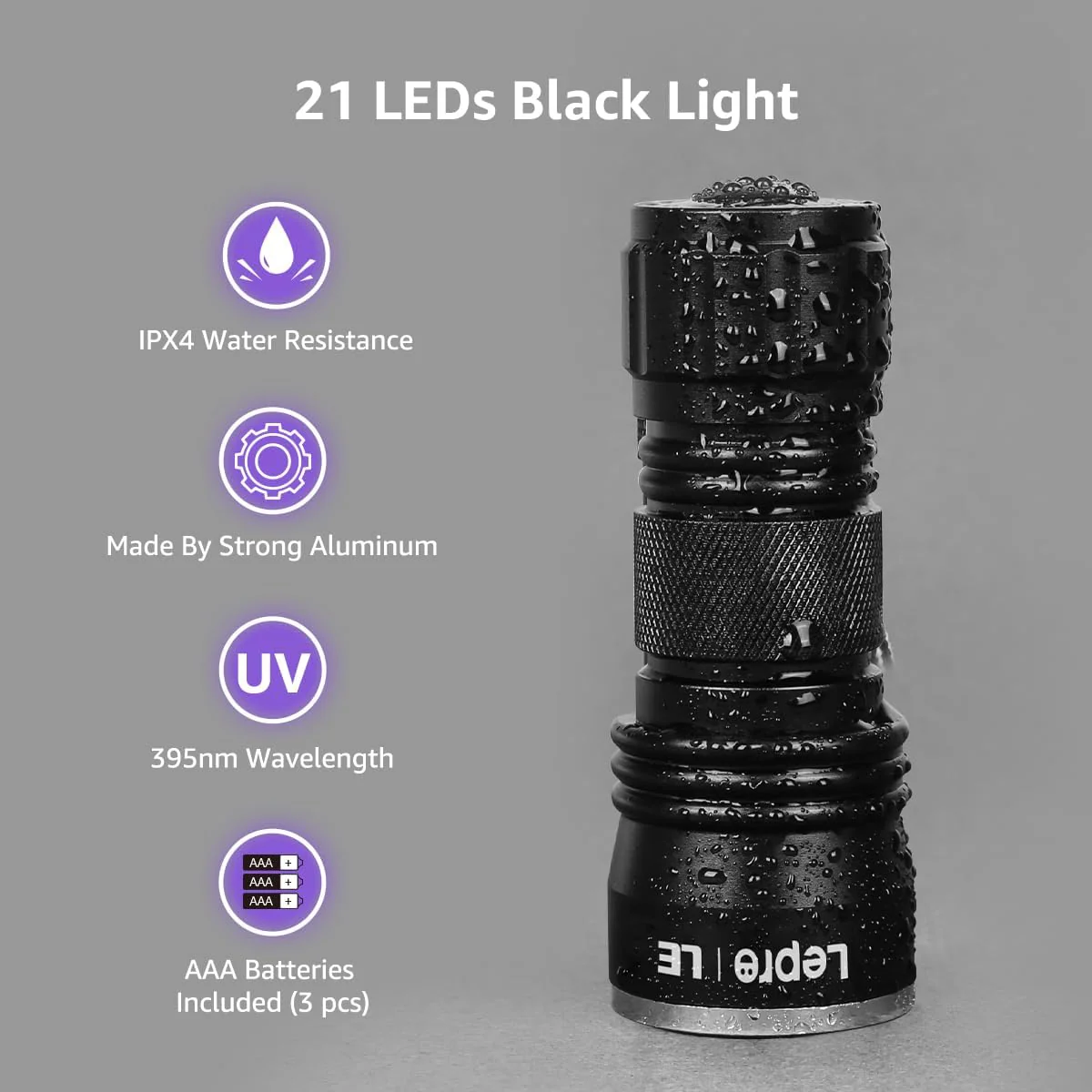 Lepro UV Light, 21 LED 395nm UV Torch, Black Light Detector for Pets Urine, Stain, Bed Bugs on Carpet or Floor, Fake Banknote and More, 3 AAA Batteries Included - Image 3