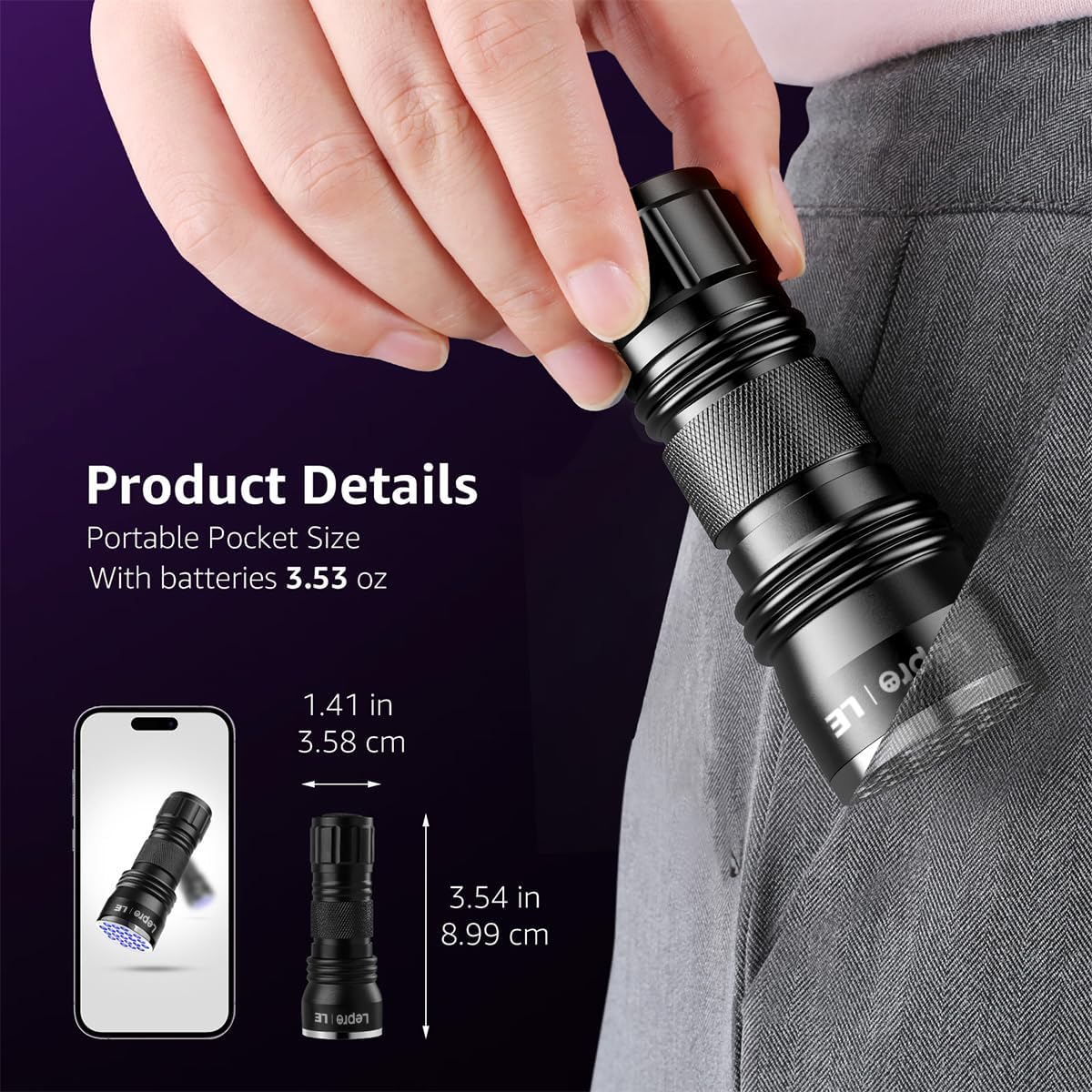 Lepro UV Light, 21 LED 395nm UV Torch, Black Light Detector for Pets Urine, Stain, Bed Bugs on Carpet or Floor, Fake Banknote and More, 3 AAA Batteries Included - Image 4