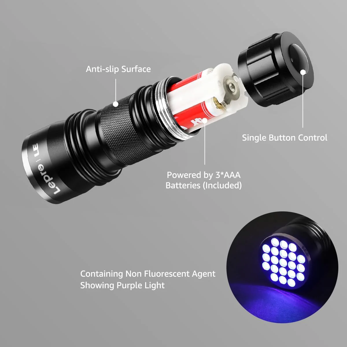 Lepro UV Light, 21 LED 395nm UV Torch, Black Light Detector for Pets Urine, Stain, Bed Bugs on Carpet or Floor, Fake Banknote and More, 3 AAA Batteries Included - Image 5