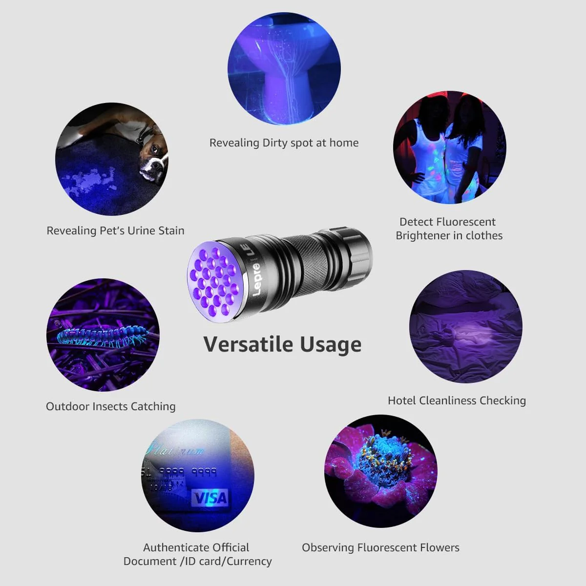 Lepro UV Light, 21 LED 395nm UV Torch, Black Light Detector for Pets Urine, Stain, Bed Bugs on Carpet or Floor, Fake Banknote and More, 3 AAA Batteries Included - Image 6