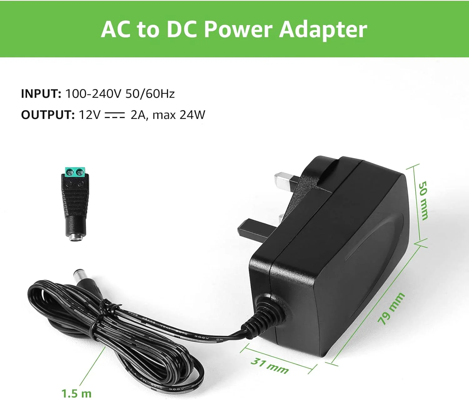 LE 12V 2A Power Supply for LED Strip Lights, AC 100-240V Mains to DC 12V Converter Adapter Driver Transformer, 24W UK Plug with 1.5M Cable, 5.5mm x 2.1mm Jack, GS TUV Approved - Image 3