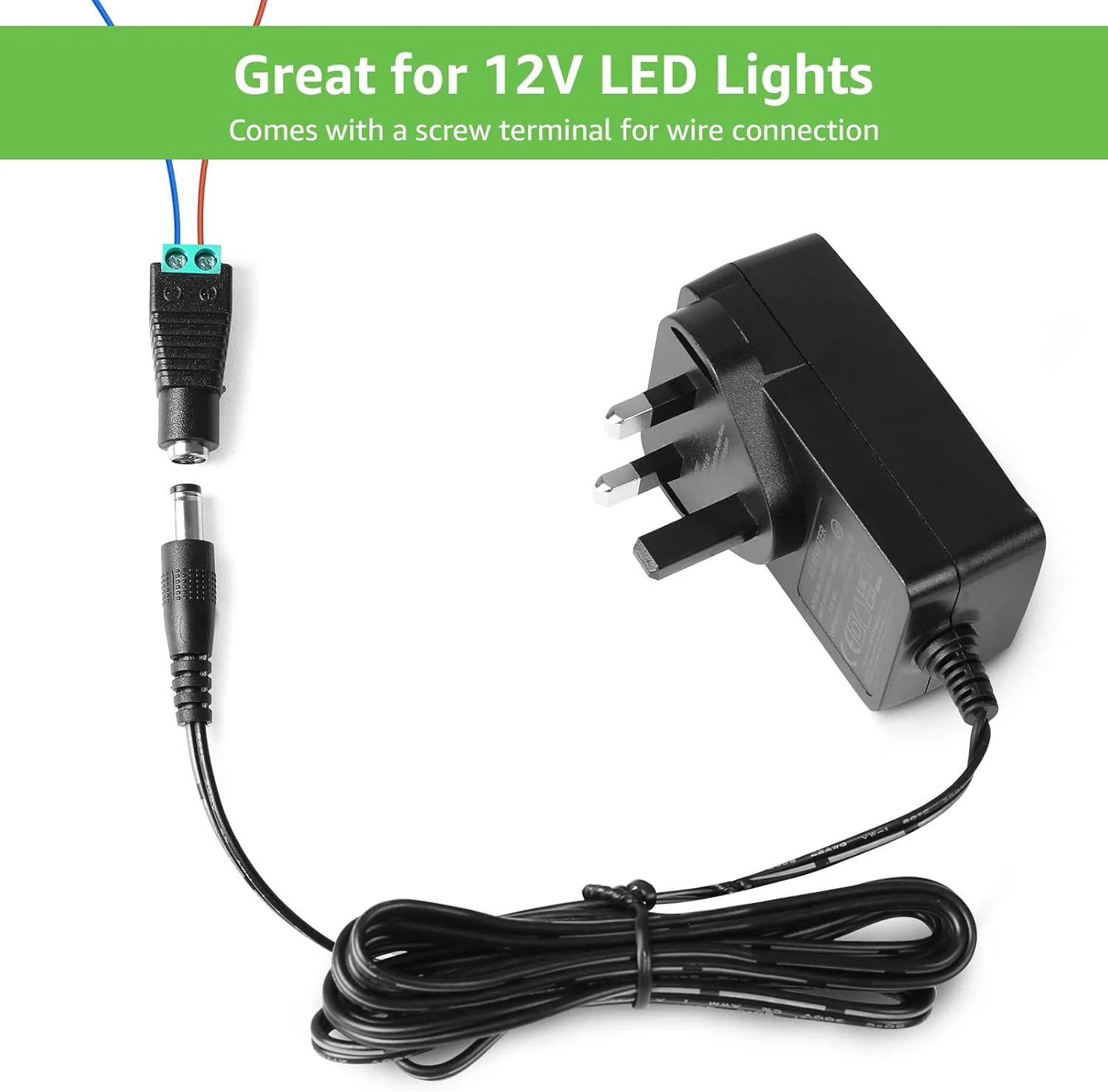 LE 12V 2A Power Supply for LED Strip Lights, AC 100-240V Mains to DC 12V Converter Adapter Driver Transformer, 24W UK Plug with 1.5M Cable, 5.5mm x 2.1mm Jack, GS TUV Approved - Image 6