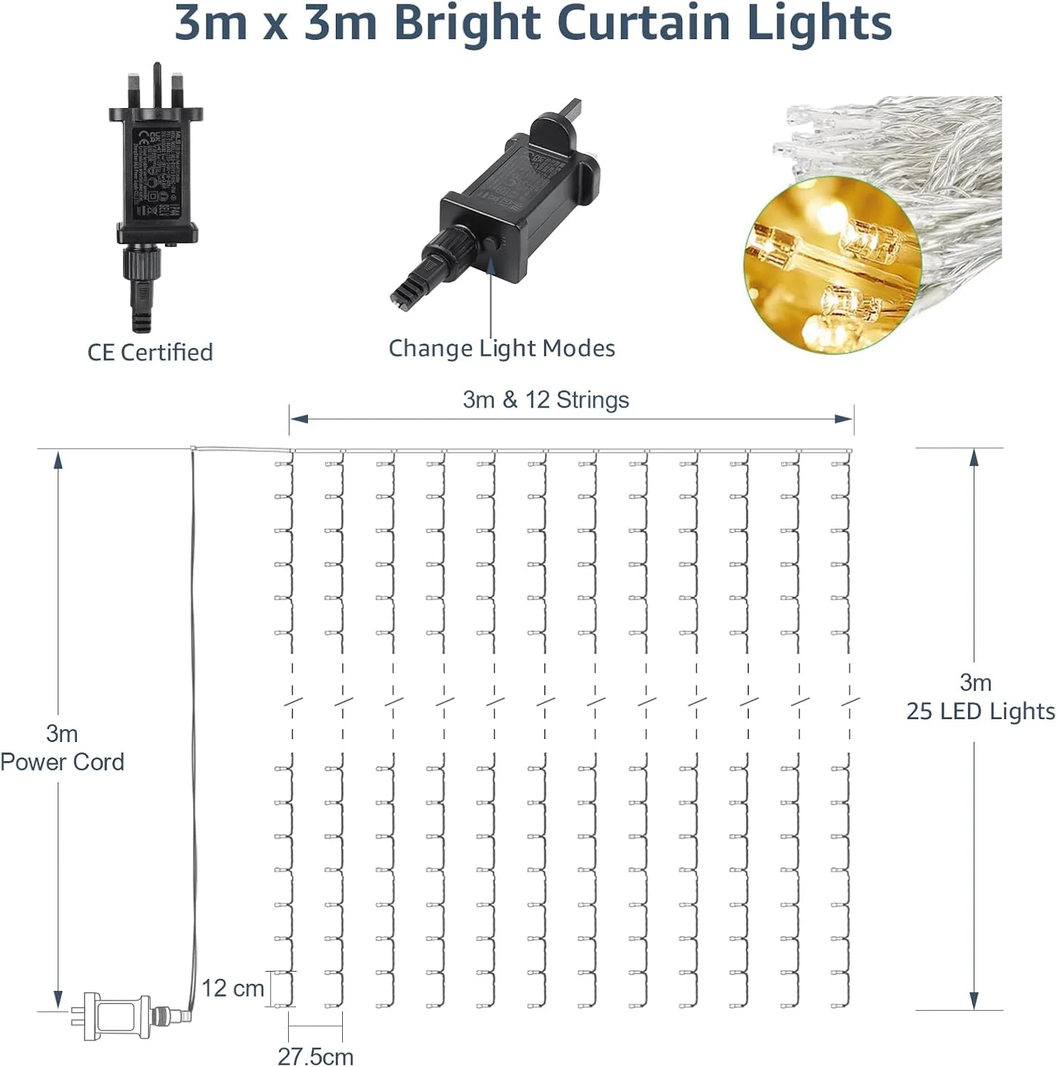 Lepro Curtain Lights Plug in, 3m x 3m 300 LED Warm White Curtain Fairy Lights, 8 Modes Fairy Lights Curtain Mains Powered for Birthday Decorations, Weeding, Party, Garden, Gazebo, Bedroom, Wall - Image 6