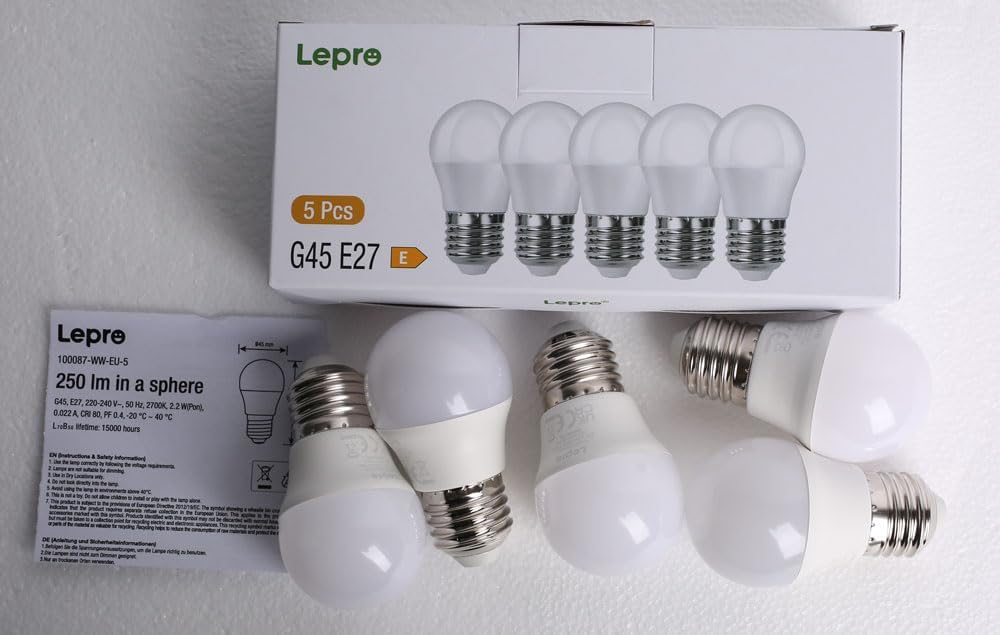 Lepro E27 Screw Bulb, Warm White 2700K E27 LED Light Bulbs, 2.5W (25W Equivalent) Energy Saving, Non Dimmable G45 Golf Ball LED Edison Bulb, 250 Lumen, Pack of 5 - Image 8