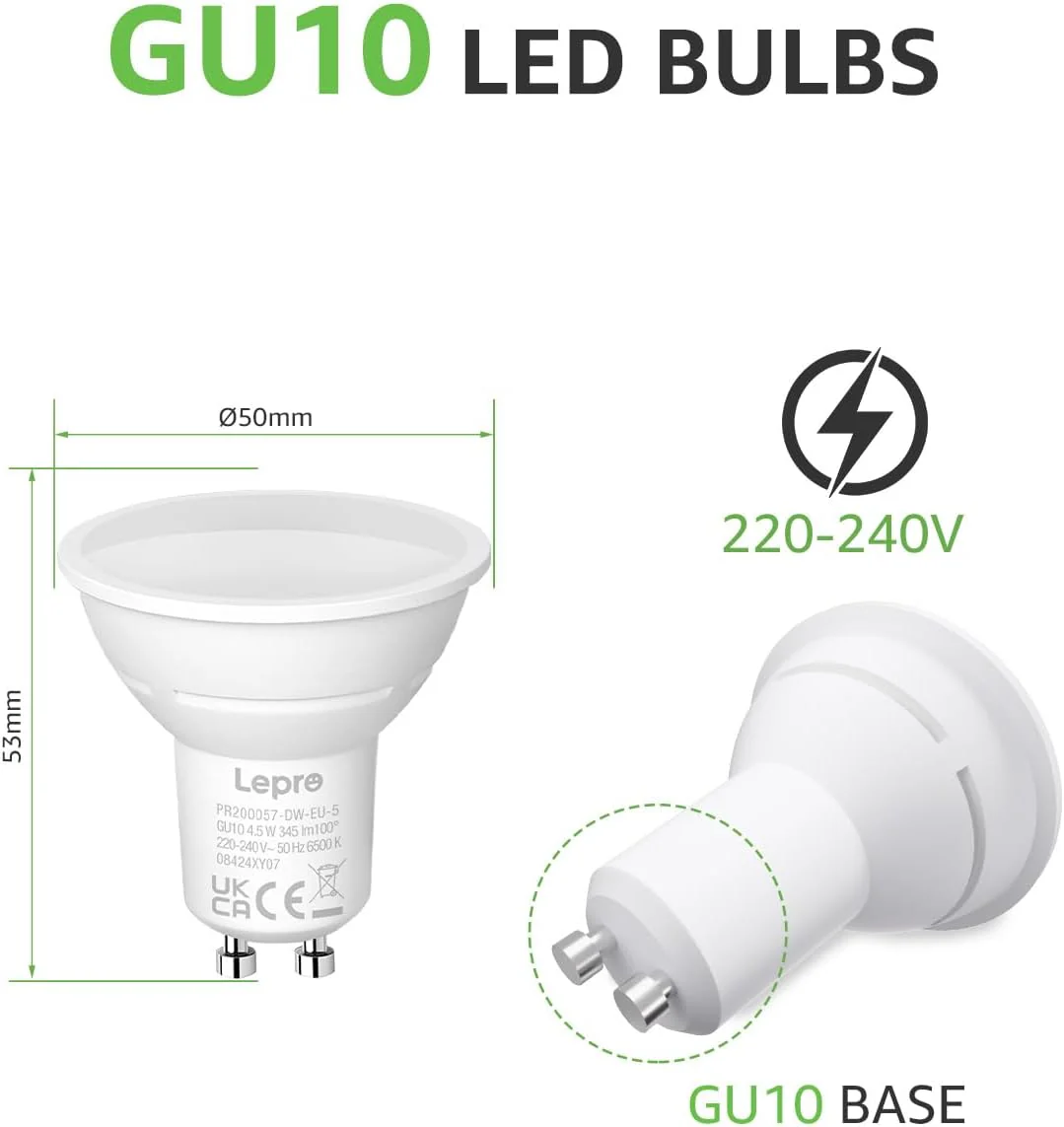 Lepro GU10 LED Bulbs, Cool White 6500K, 4.5W 345lm Energy Saving Light Bulbs, 50W Halogen Spotlight Equivalent, 100° Beam Angle, Daylight White, AC 220V-240V, Non-dimmable, Pack of 5 - Image 6