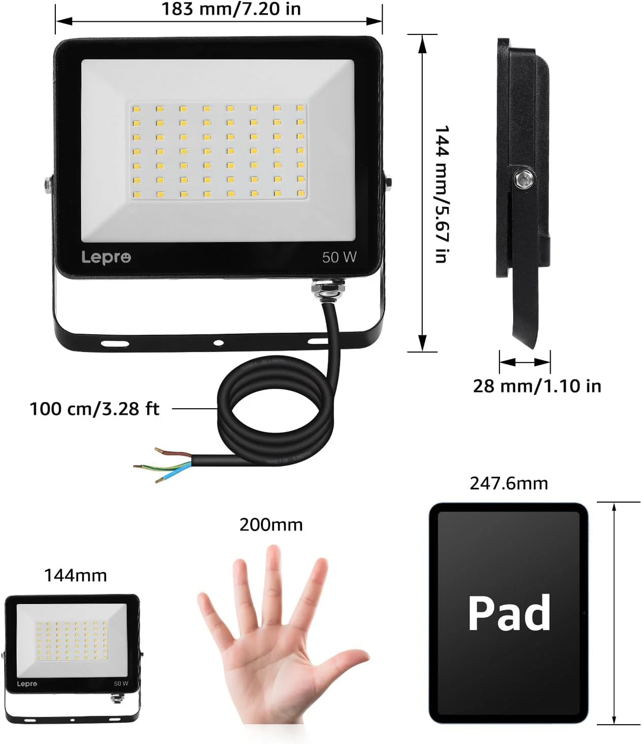 Lepro 50W Led Floodlight Outdoor, 4250lm LED Security Lights, 350W Incandescent Lamp Equivalent, Waterproof IP65, Daylight White Outdoor Lights for Warehouse, Playground, Backyard and More - Image 6