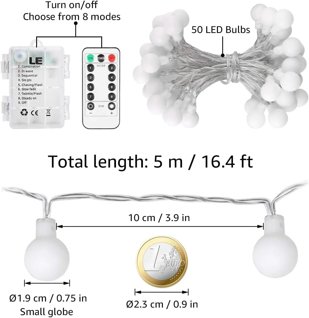LE Fairy Lights Battery Powered, 5m 50 LED Warm White Globe String Lights, Camping Fairy Lights for Tents with Remote and Timer, Battery Fairy Lights for Indoor Outdoor, Bedroom, Camping and More - Image 6