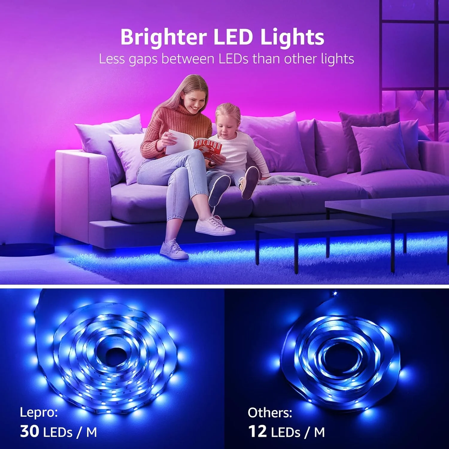 Lepro LED Strip Lights 5M Music Sync, 5050 RGB Colour Changing LED Strip with Remote, Sound Reactive, Dimmable Stick on Plug in LED Lights for Bedroom, Kitchen, Party, Teen Girl Kids Room Decor - Image 3