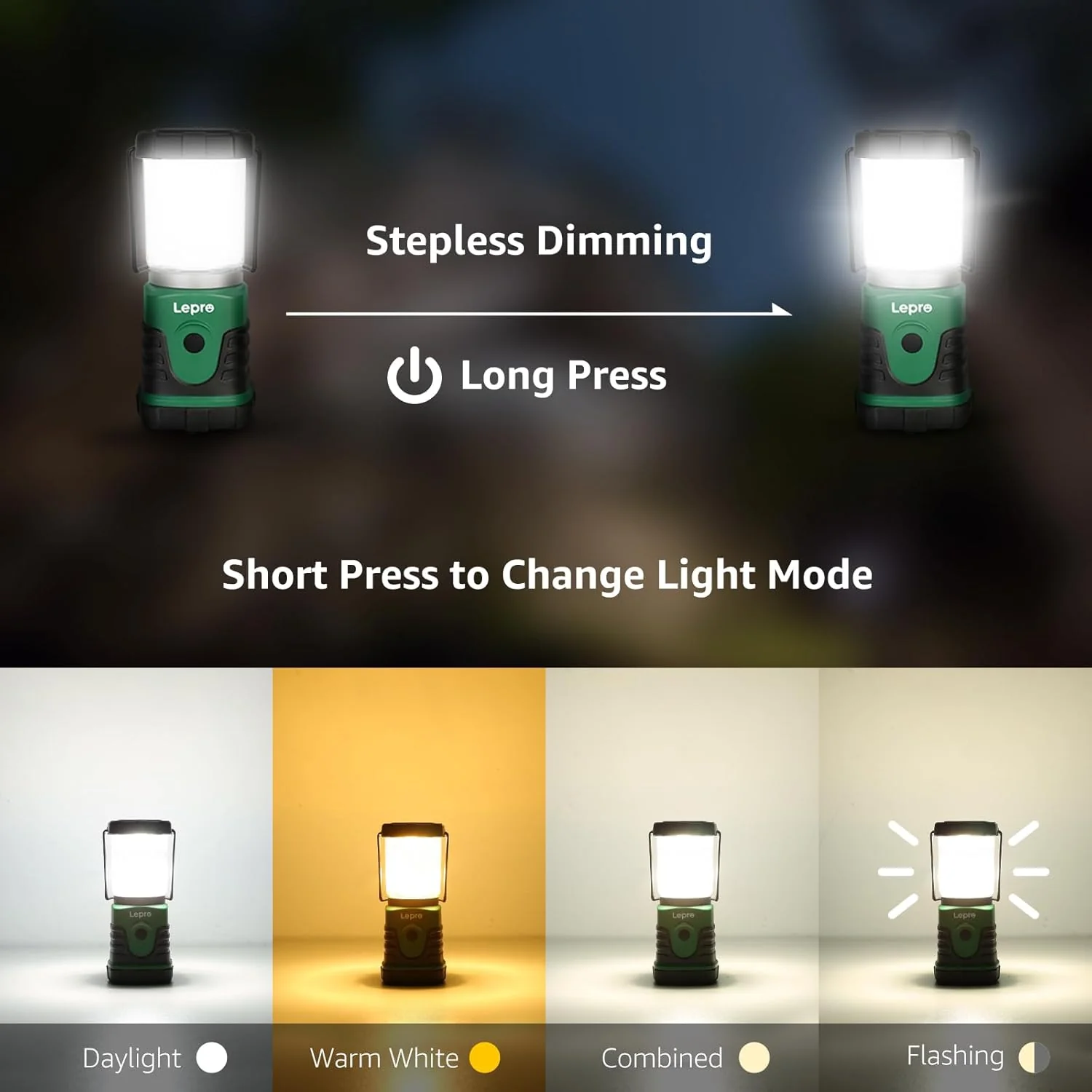 Lepro Camping Lantern Battery Powered, Portable Small Camping Tent Lights AA Battery Operated, Dimmable Warm White to Daylight Modes, Battery Lanterns for Indoors, Power Cuts, Emergency, Pack of 2 - Image 3