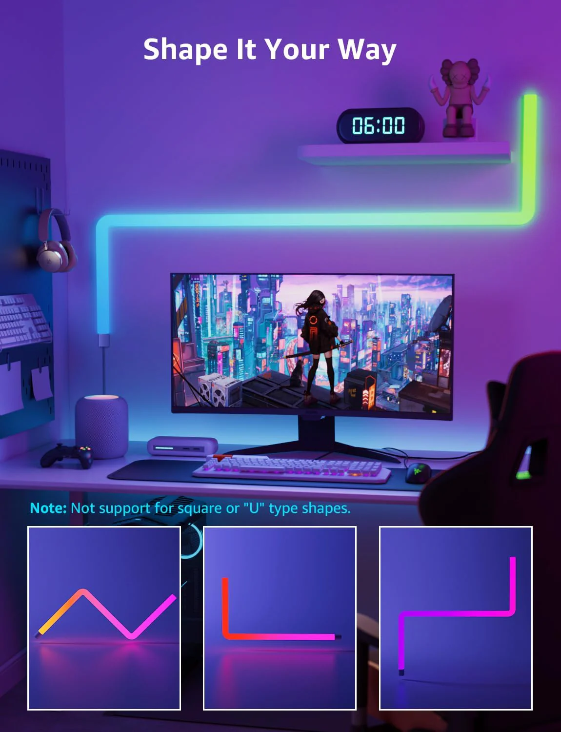 Lepro WL1 AI Smart Wall Light, Music Sync LED Light Bar, Voice Control, Segmented DIY, AI Lighting Design Assistant, for Home Decor, Gaming Setup, Work with Alexa,Google Assistant,8 Pcs with 4 Corners - Image 7