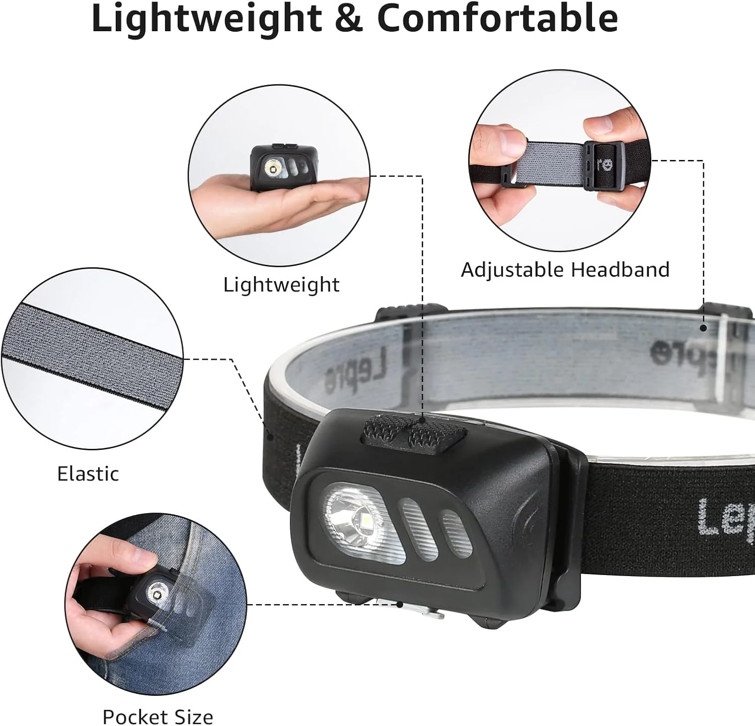 Lepro Head Torch, Super Bright Led Rechargeable Headlamp with Motion Sensor, Long Runtime, 5 Lighting Modes, Red Warning Lights, Waterproof Lightweight Headlight for Running Camping - Image 5