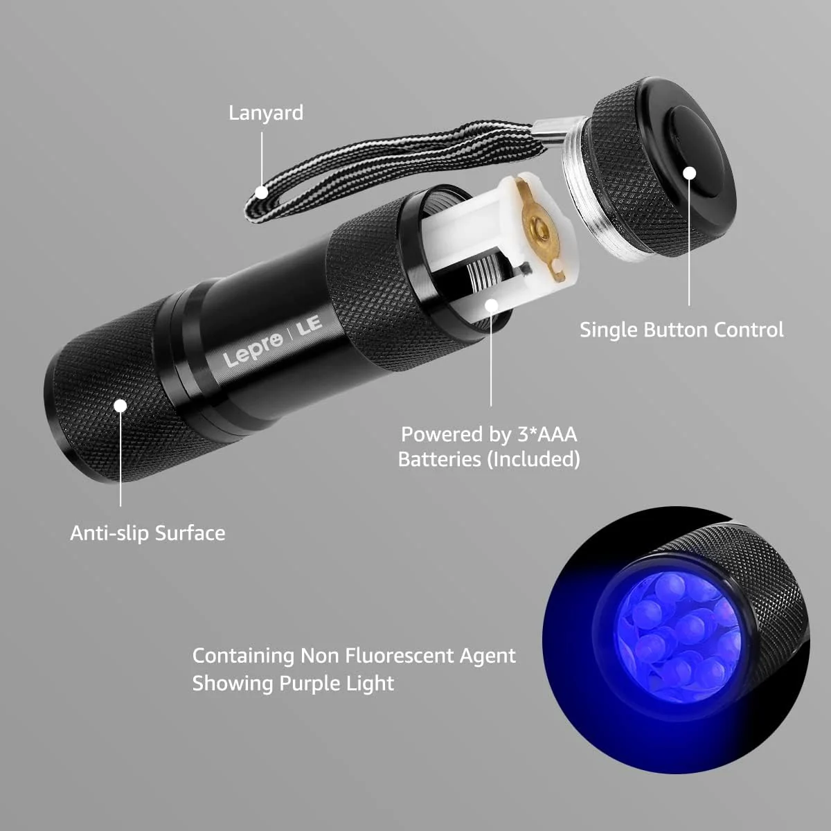Lepro LE UV Torch, 9 LED 395nm Ultraviolet Flashlight, Blacklight Detector for Pet Urine, Stain, Bed Bugs and More, 3 AAA Batteries Included - Image 7
