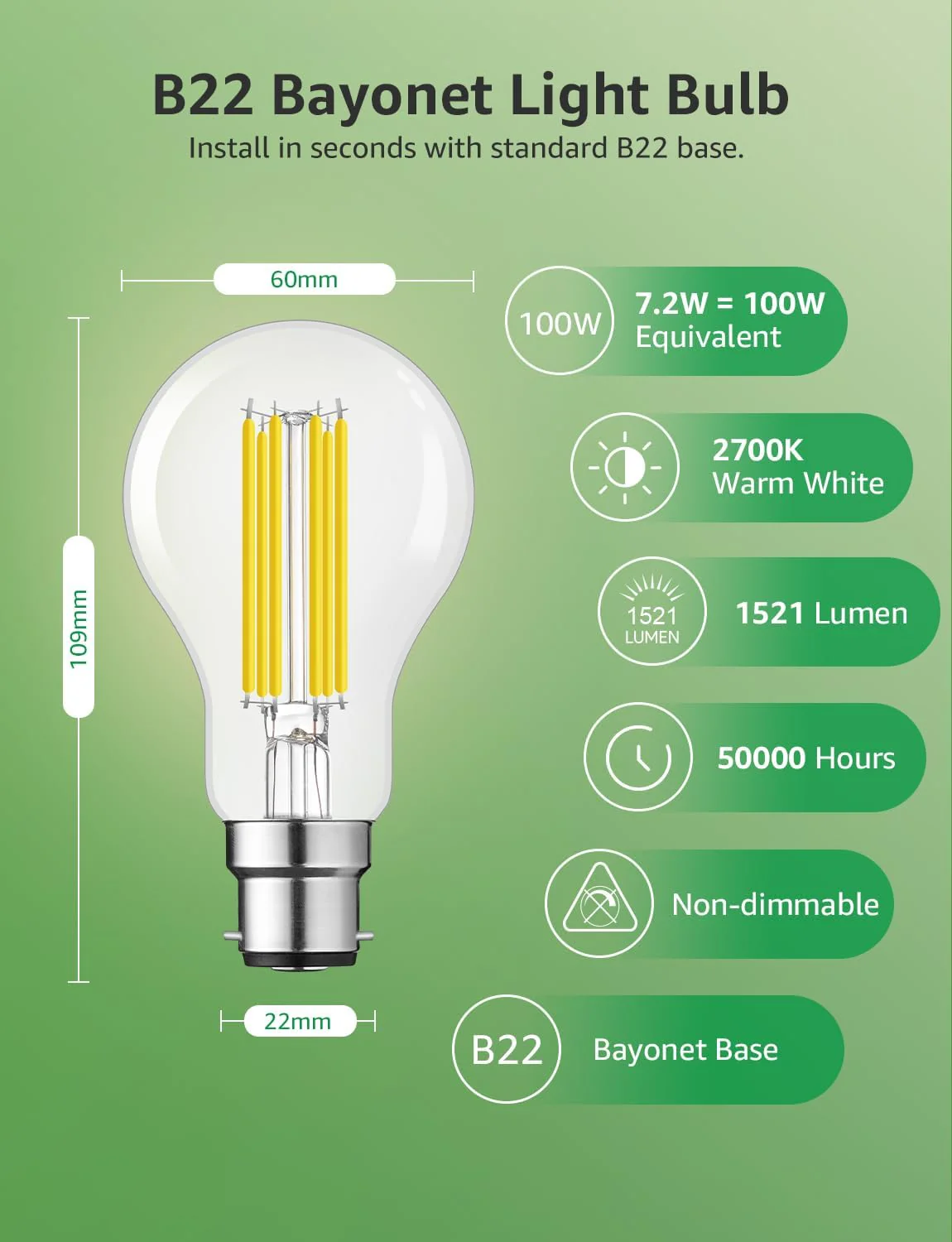 Lepro LED Light Bulbs Bayonet, Ultra Efficient A-Rated B22 Bulb, 7.2W = 100W, 1521lm, 2700K Warm White, 50000H Lifespan, Clear Filament, Glass, Non-dimmable, Pack of 2 - Image 4