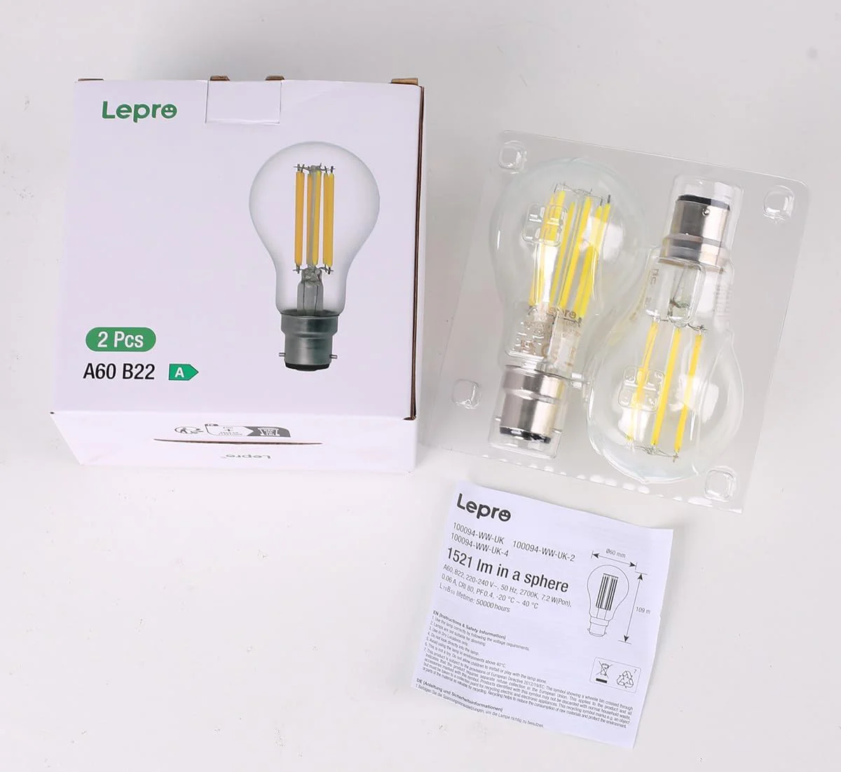 Lepro LED Light Bulbs Bayonet, Ultra Efficient A-Rated B22 Bulb, 7.2W = 100W, 1521lm, 2700K Warm White, 50000H Lifespan, Clear Filament, Glass, Non-dimmable, Pack of 2 - Image 9