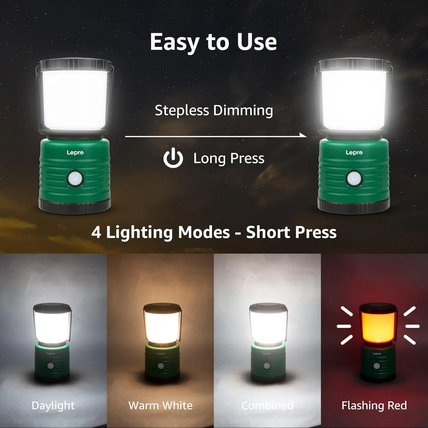 Lepro Battery Camping Lantern, 1100 Lumen Camping Light Battery Powered, Dimmable Warm White and Daylight Modes, Battery Lantern for Power Cuts, Emergency Lighting, Fishing, Hiking, Storm and More - Image 3