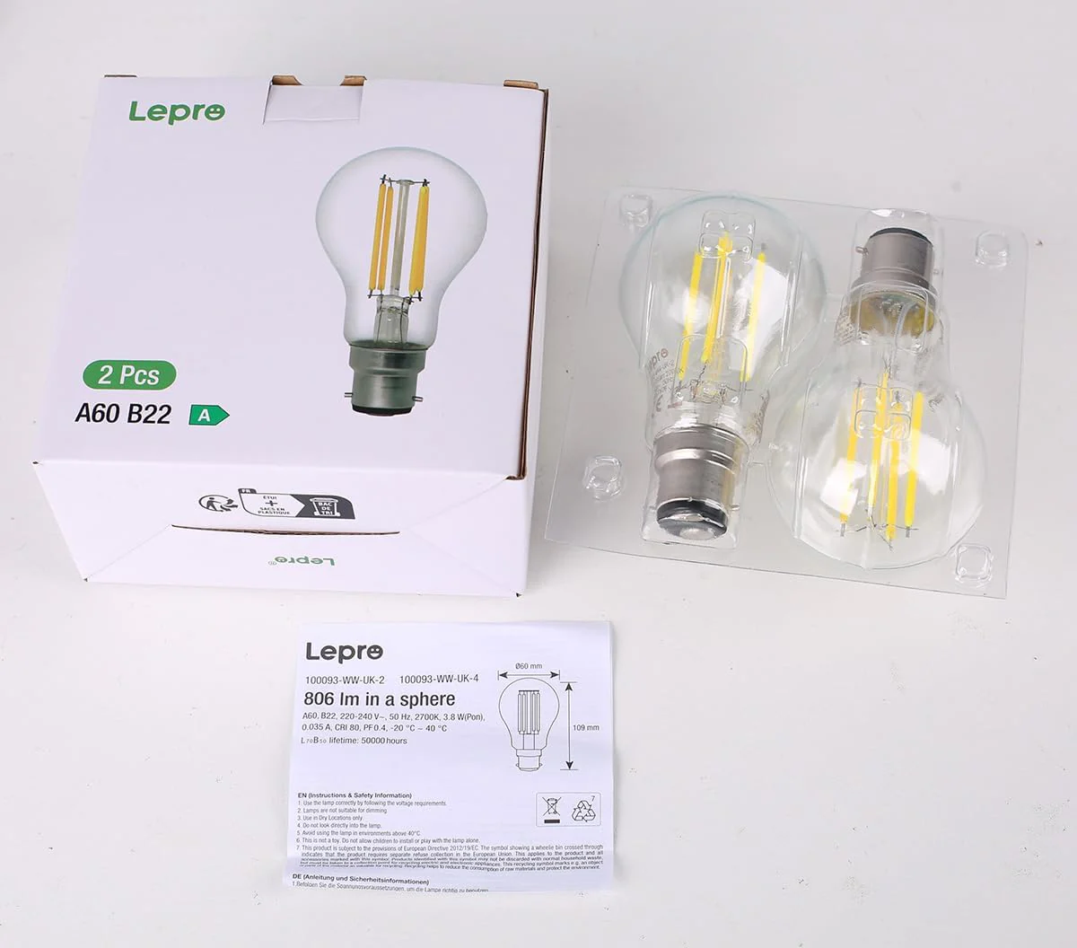 Lepro Vintage Bayonet Light Bulb, Ultra Efficient A-Rated B22 Bulb, 3.8W = 60W, 806lm, 2700K Warm White, 50000H Lifespan, Clear Filament, Glass, Non-dimmable, Pack of 2 - Image 9