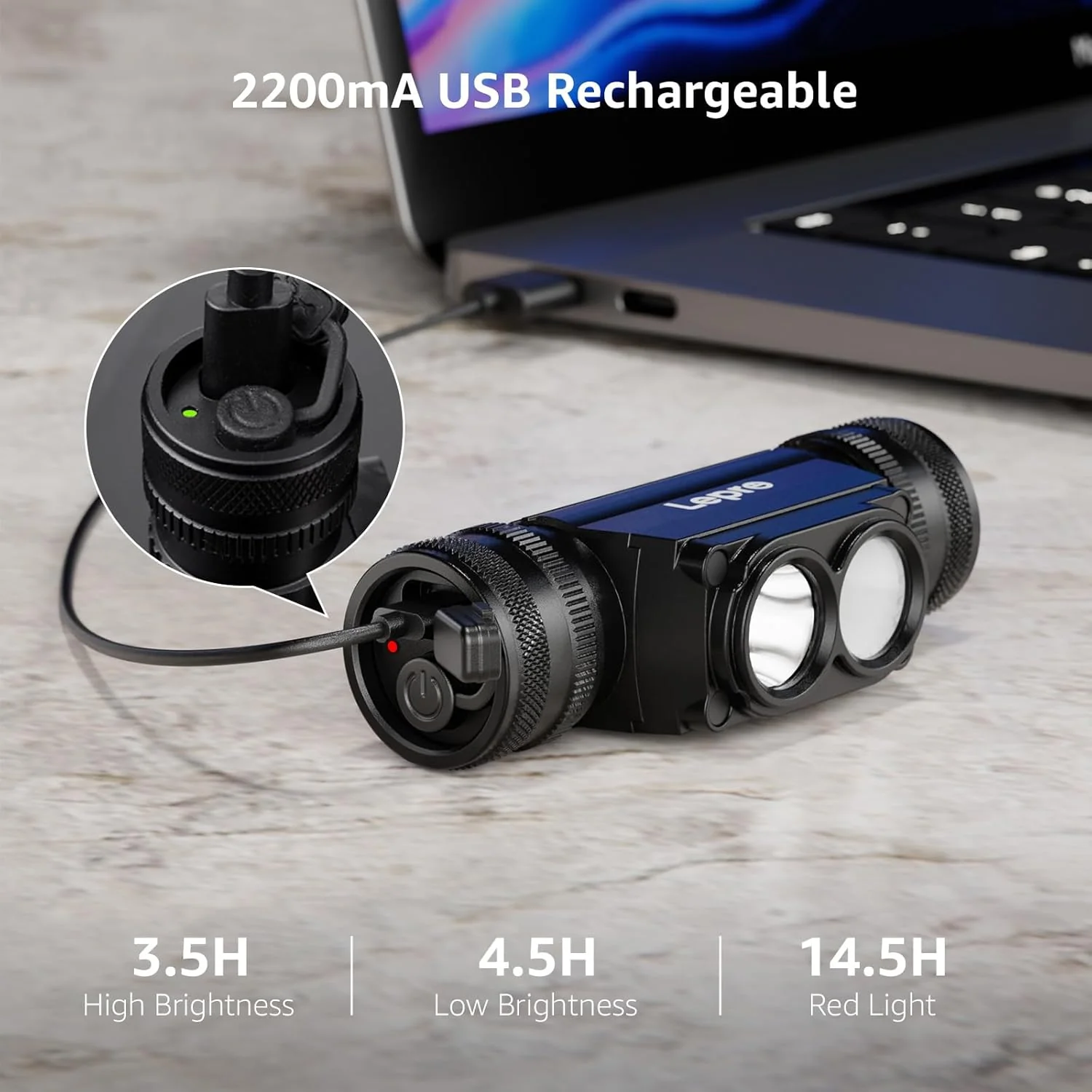 Lepro Head Torch Rechargeable, 2 in 1 Detachable Lightweight Headlamp with IP65 Waterproof, 180° Adjustable, 6 Lighting Modes, Long Runtime, Red Lights, Al Alloy LED Headlight for Camping - Image 4