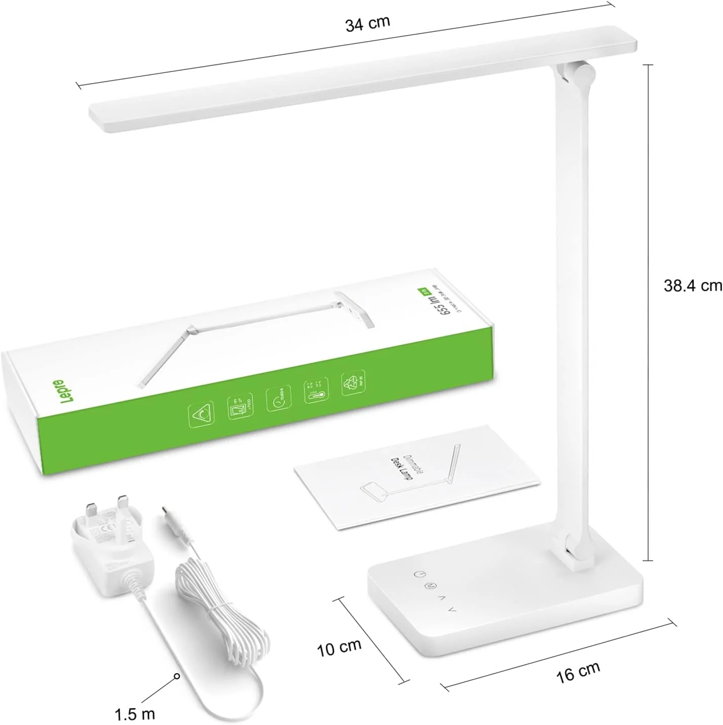 Lepro LED Desk Lamp, Desk Lamp with Power Adapter, 655lm, Desk Lamps Office with USB Charging Port, 5 Brightness Levels x 3 Colour Mode, Touch Control Daylight Lamp for Office, Nails, Study, Bedroom - Image 7