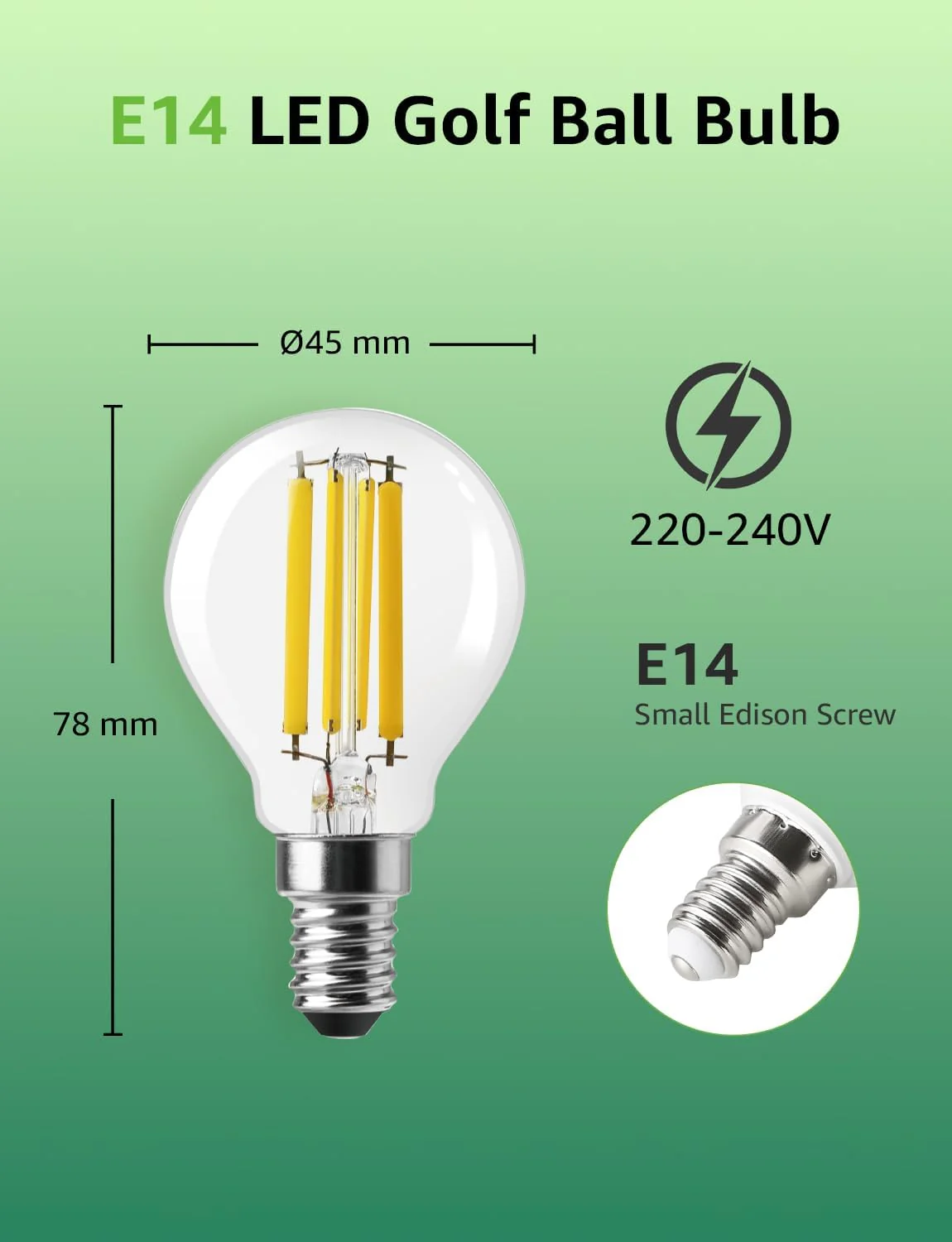 Lepro E14 Golf Ball Bulb Vintage, Ultra Efficient A-Rated, 2.2W = 40W, 470lm, Warm White 2700K, 50000H Lifespan, Small Edison Screw SES Bulb, Clear Filament, Glass, Pack of 4 - Image 4