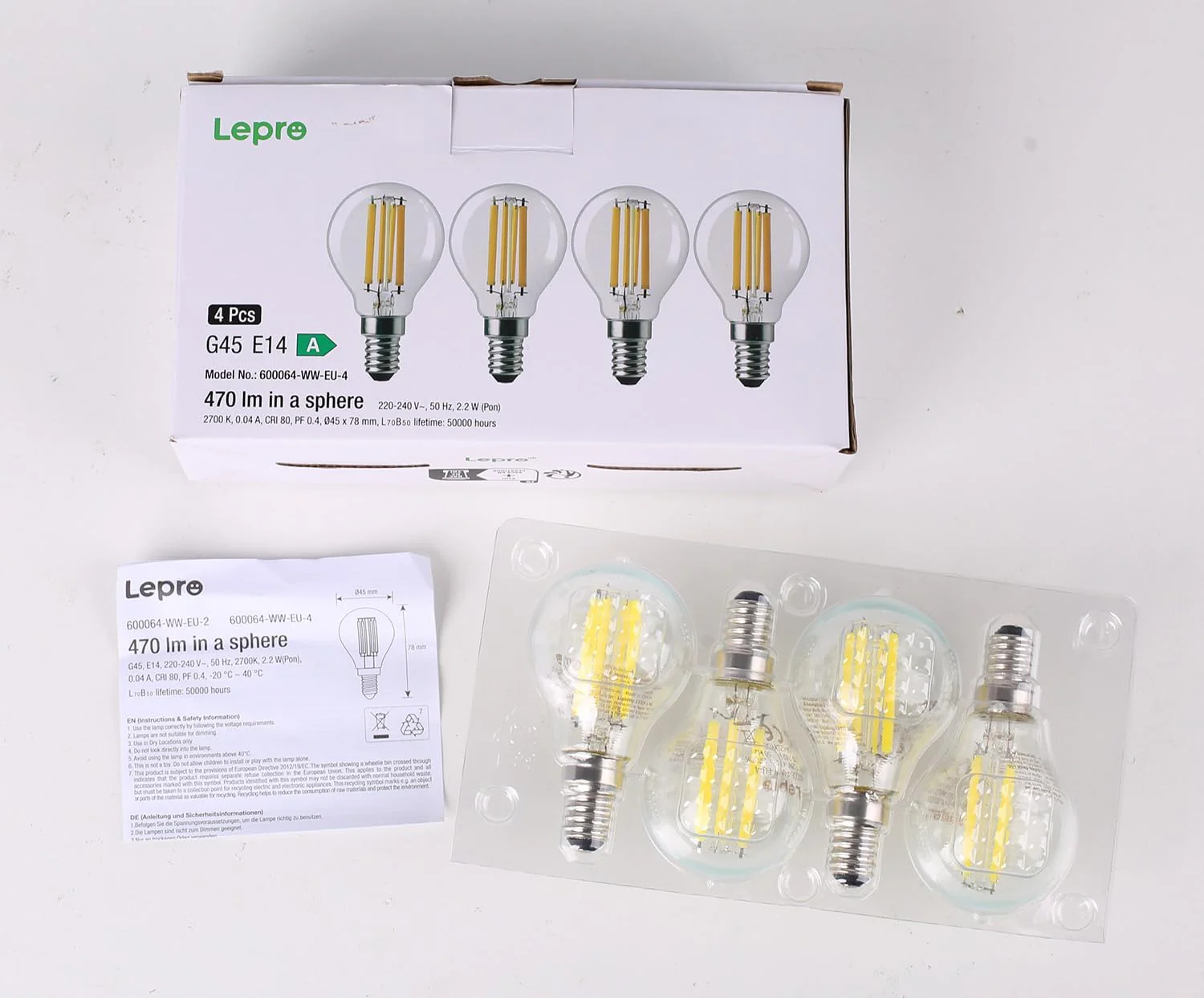 Lepro E14 Golf Ball Bulb Vintage, Ultra Efficient A-Rated, 2.2W = 40W, 470lm, Warm White 2700K, 50000H Lifespan, Small Edison Screw SES Bulb, Clear Filament, Glass, Pack of 4 - Image 9