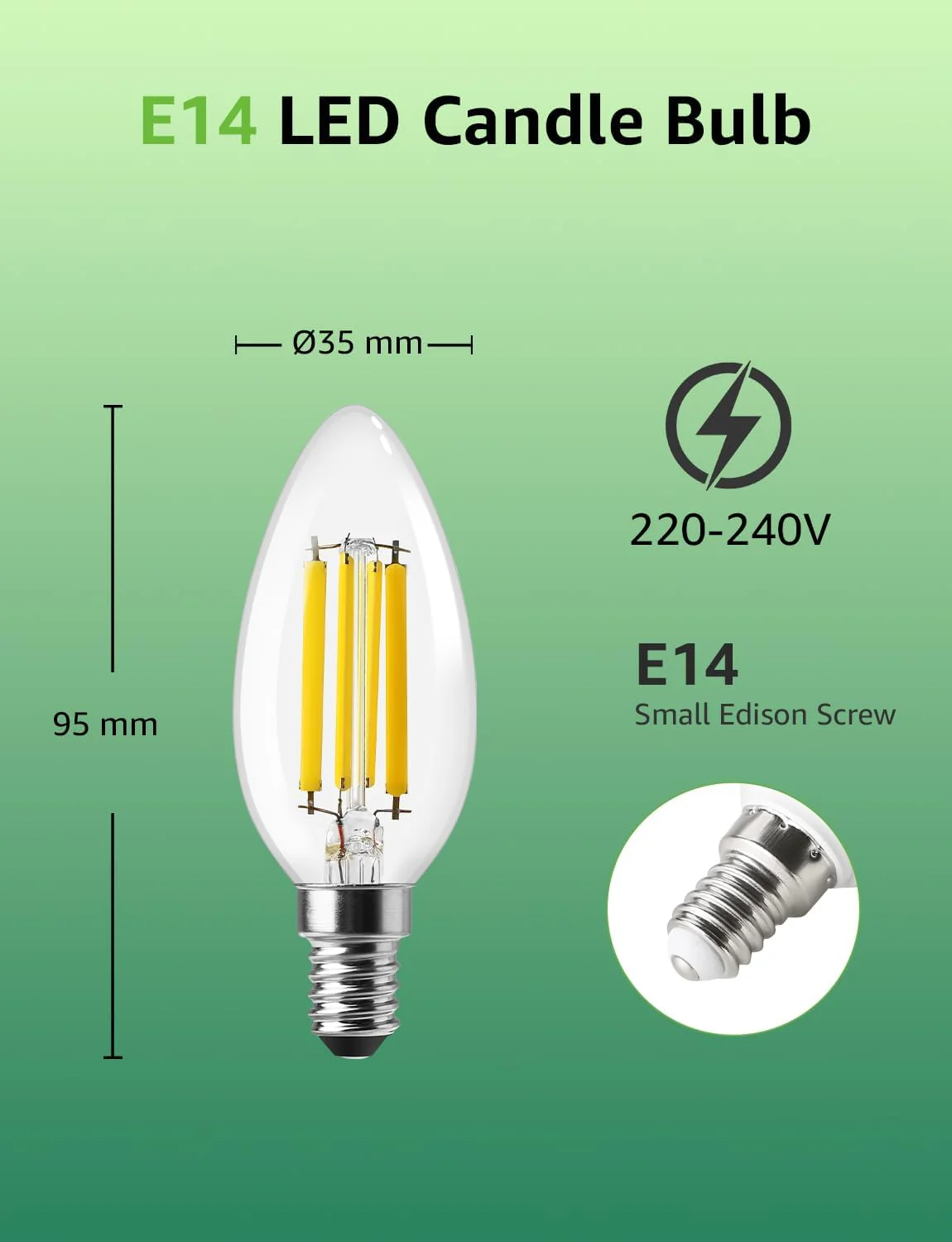 Lepro E14 LED Candle Bulb, Ultra Efficient A-Rated, 2.2W = 40W, 470lm, Warm White 2700K, 50000H Lifespan, SES Small Edison Screw, Clear Glass Vintage Filament Bulb, Pack of 2 - Image 4