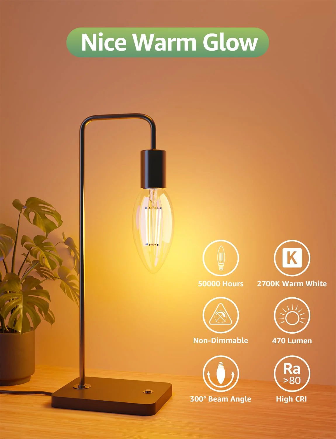 Lepro E14 LED Candle Bulb, Ultra Efficient A-Rated, 2.2W = 40W, 470lm, Warm White 2700K, 50000H Lifespan, SES Small Edison Screw, Clear Glass Vintage Filament Bulb, Pack of 2 - Image 5
