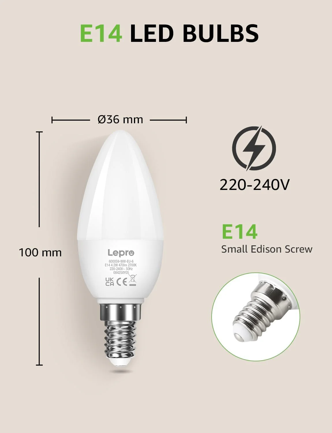 Lepro E14 LED Light Bulb, Small Edison Screw SES Candle Bulbs, 4.9W 470lm, 40W Equivalent E14 Bulb, Warm White 2700K E14 LED Bulb, Energy Saving Candle Light Bulbs, Non-dimmable, Pack of 6 - Image 6