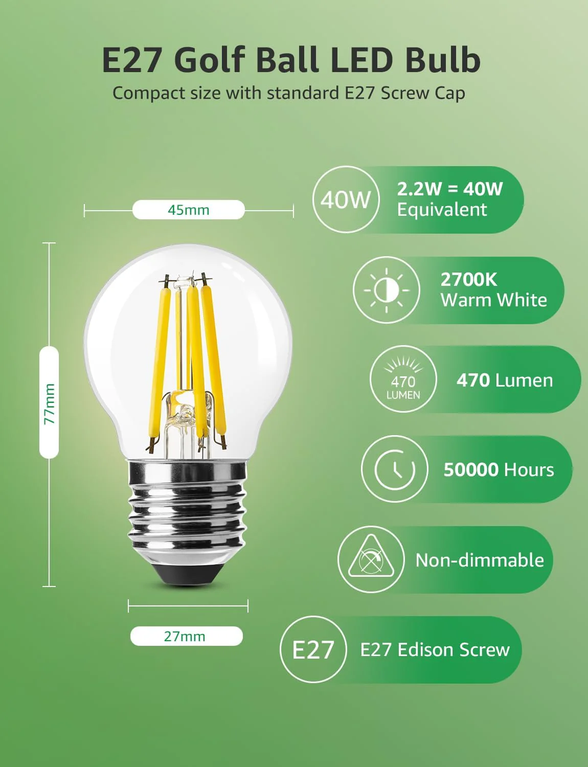 Lepro E27 Golf Ball Bulb, Ultra Efficient A-Rated, 2.2W = 40W, 470lm, Warm White 2700K, 50000H Lifespan, Edison Screw in Light Bulb, Clear Glass Vintage Filament Bulb, Pack of 2 - Image 4