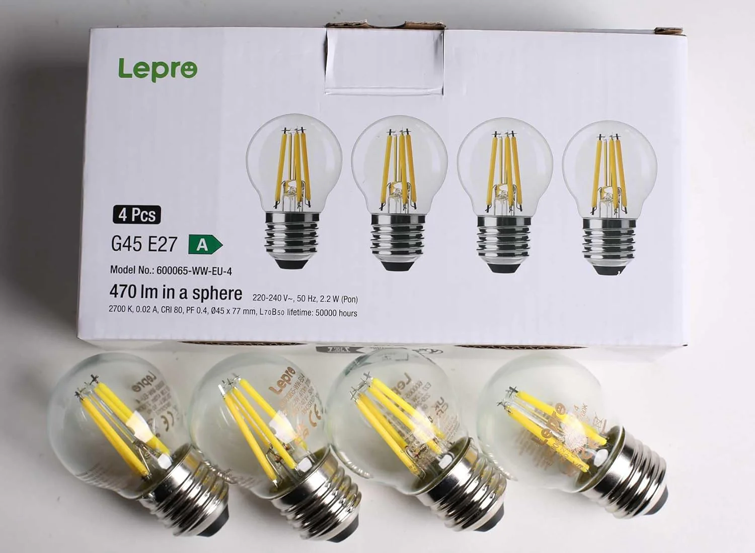 Lepro E27 Golf Ball Bulb, Ultra Efficient A-Rated, 2.2W = 40W, 470lm, Warm White 2700K, 50000H Lifespan, Edison Screw in Light Bulb, Clear Glass Vintage Filament Bulb, Pack of 4 - Image 9