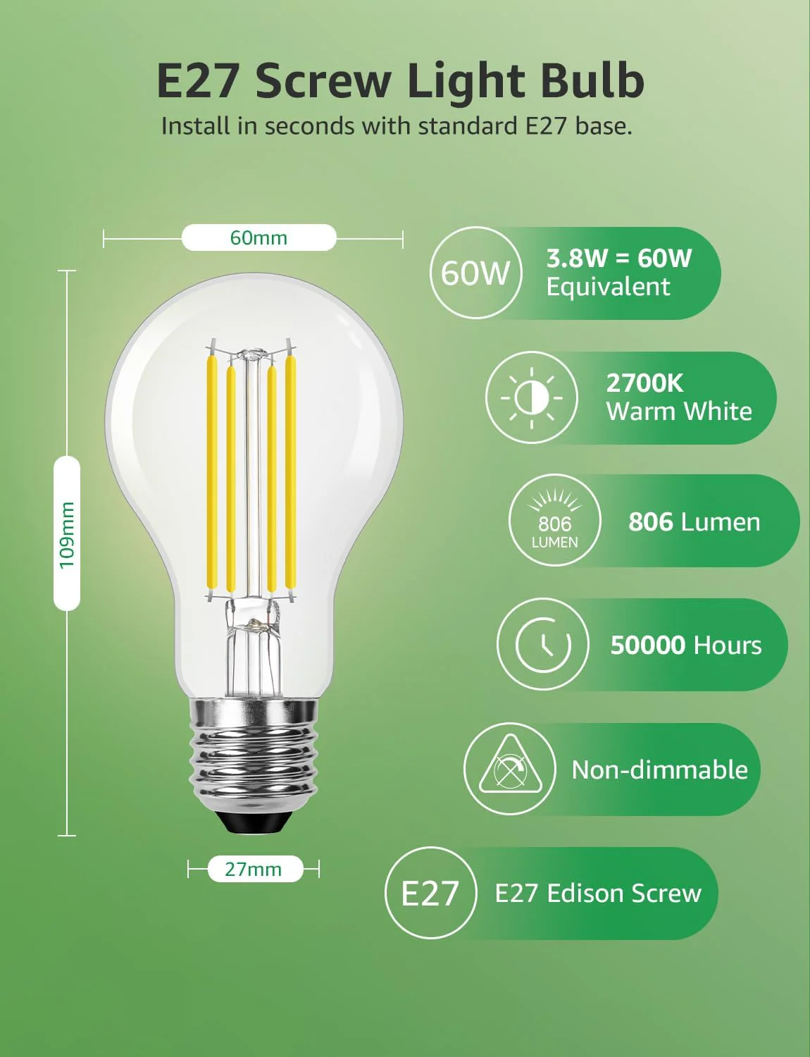 Lepro E27 Vintage Light Bulbs, Ultra Efficient A-Rated GLS Bulb, 3.8W = 60W, 806lm, 2700K Warm White, 50000H Lifespan, Clear Filament, Glass, Non-dimmable, Pack of 4 - Image 4